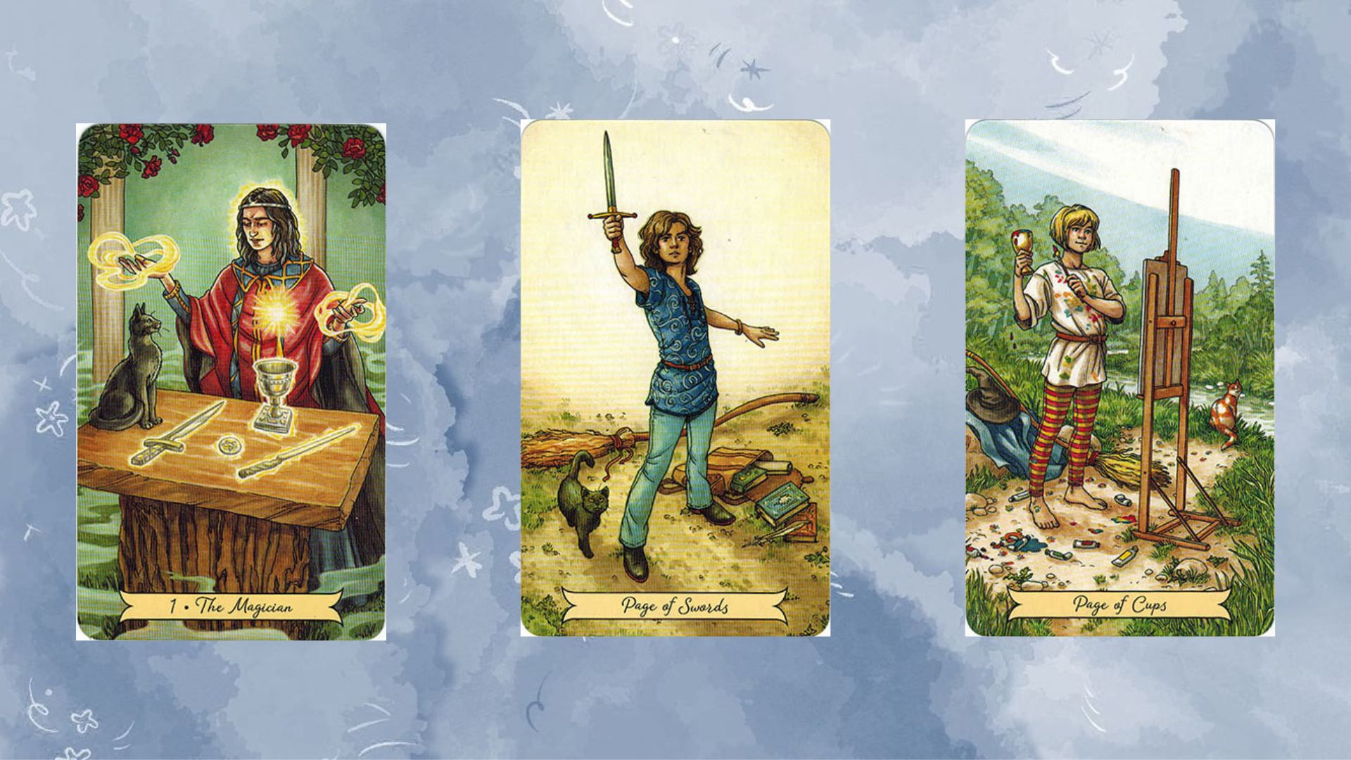 Trải bài tarot 2 gồm: The Magician – Page of Swords – Page of Cups