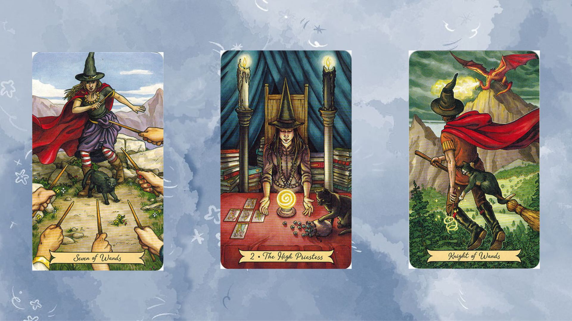 trải bài gồm Seven of Wands – The High Priestess – Knight of Wands