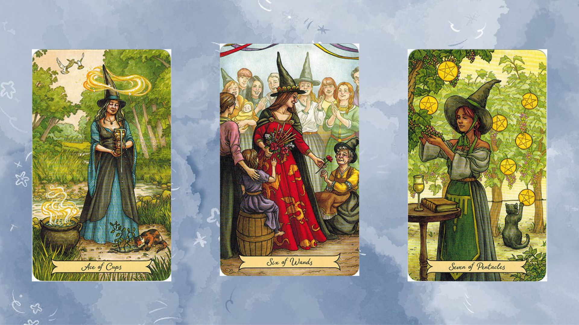 trải bài tarot tuần mới gồm Ace of Cups – Six of Wands – Seven of Pentacles