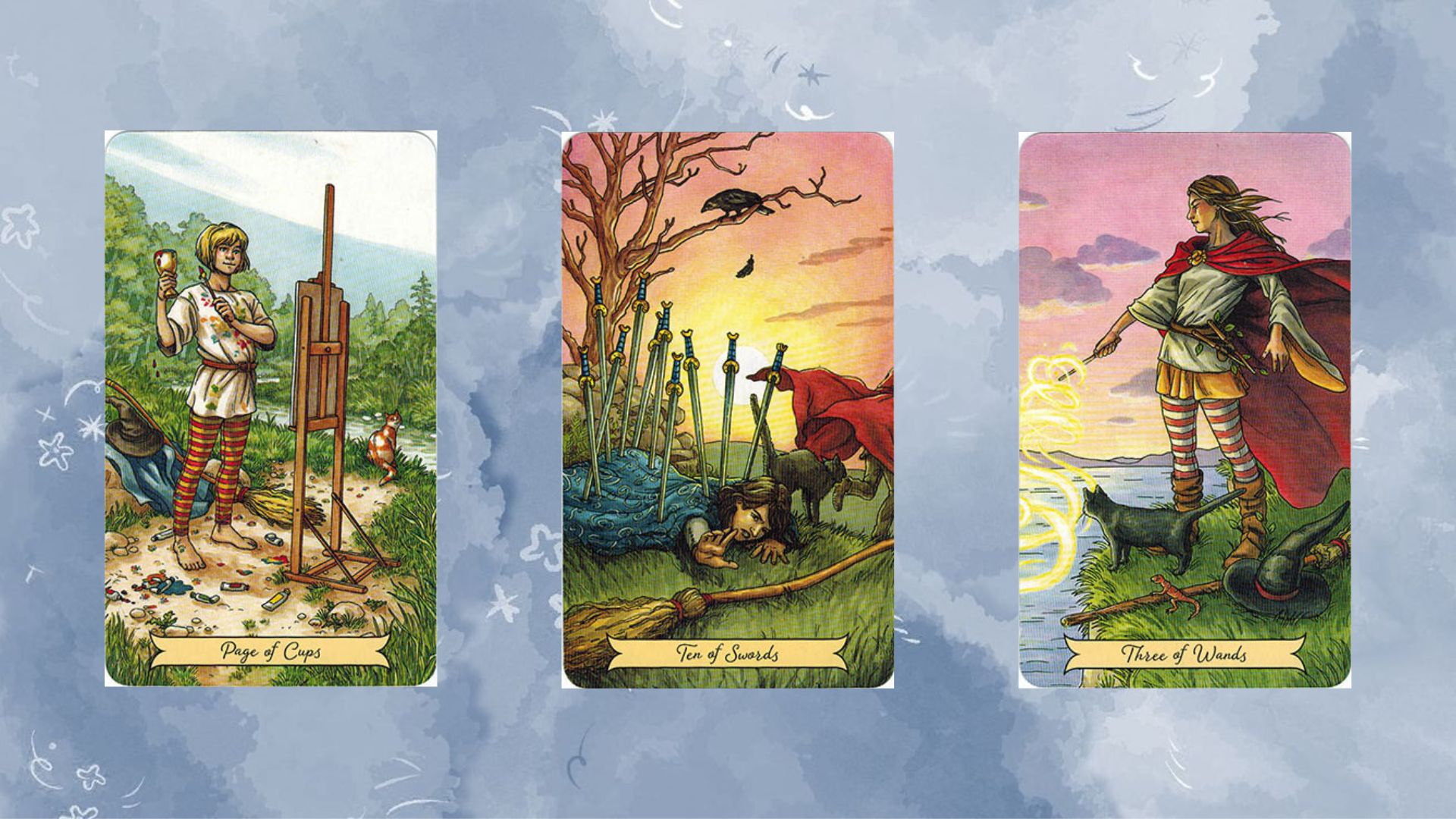 trải bài tarot tuần mới gồm Page of Cups – Ten of Swords – Three of Wands