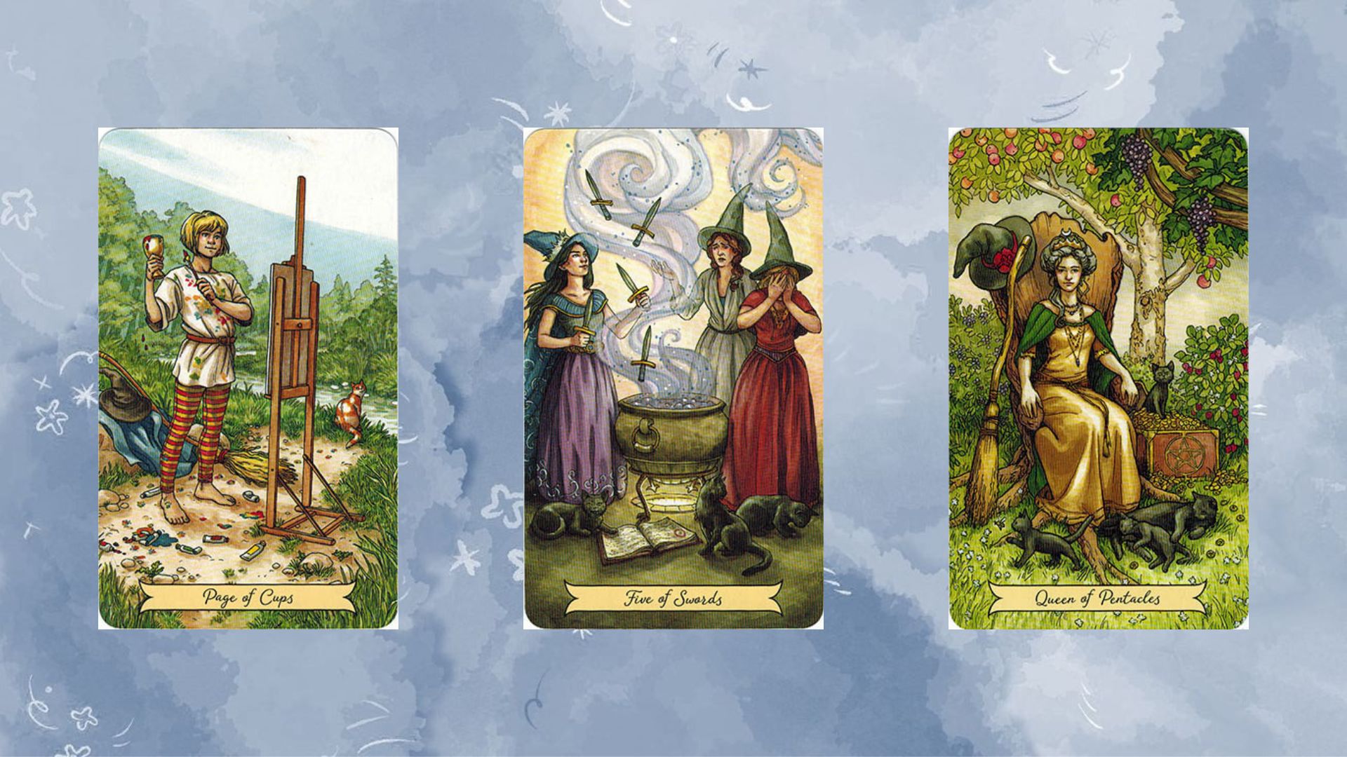 Trải bài tarot tuần mới gồm Page of Cups - Five of Swords - Queen of Pentacles