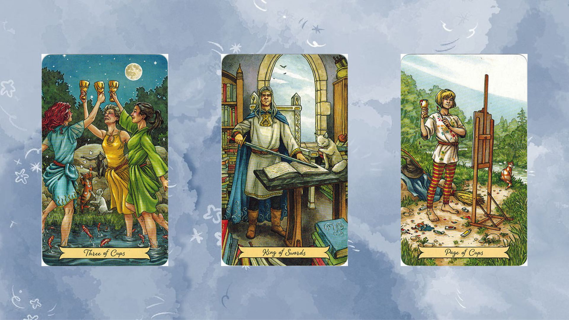 Bạn có: Three of Cups – King of Swords – Page of Cups.