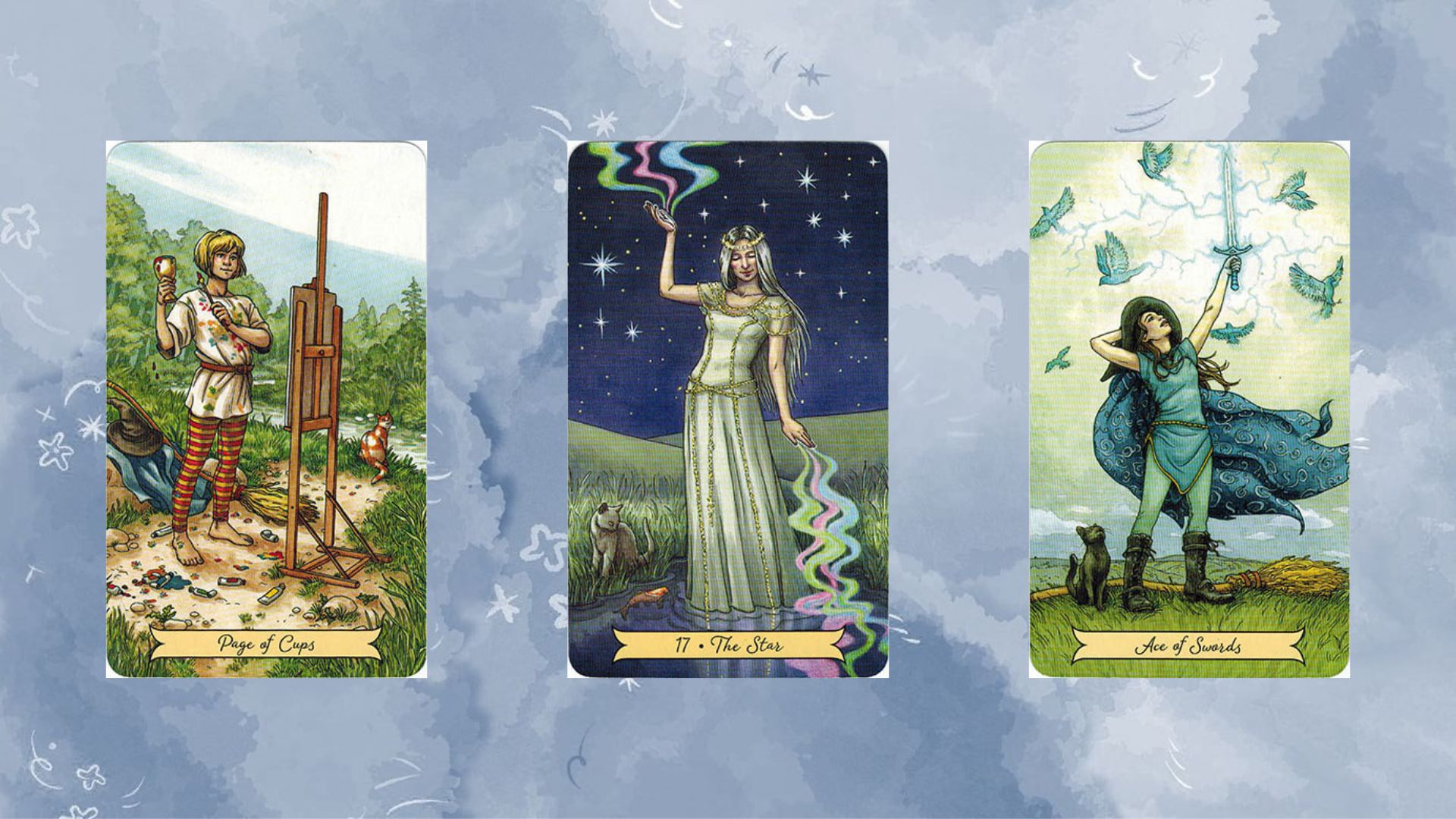 Trải bài tarot gồm các lá bài Page of Cups – The Star – Ace of Swords