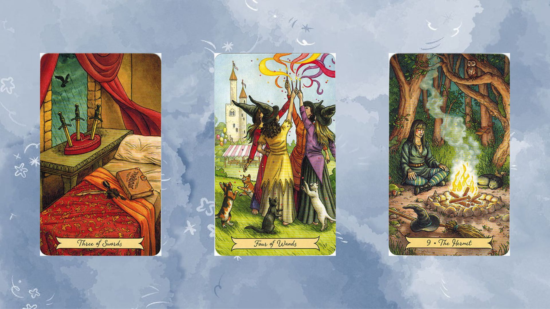 Trải bài tuần gồm Three of Swords – Four of Wands – The Emperor