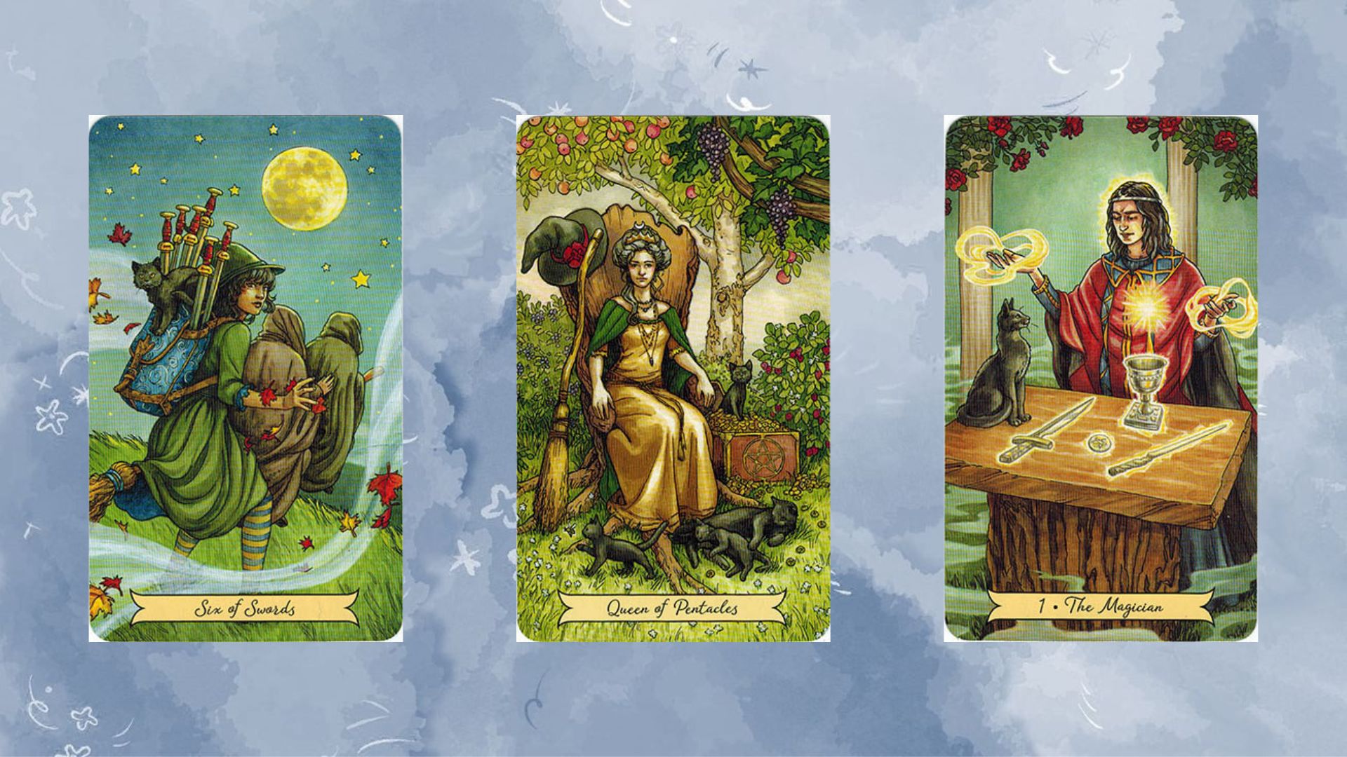 tụ bài tarot số 2 gồm Six of Swords – Queen of Pentacles – The Magician
