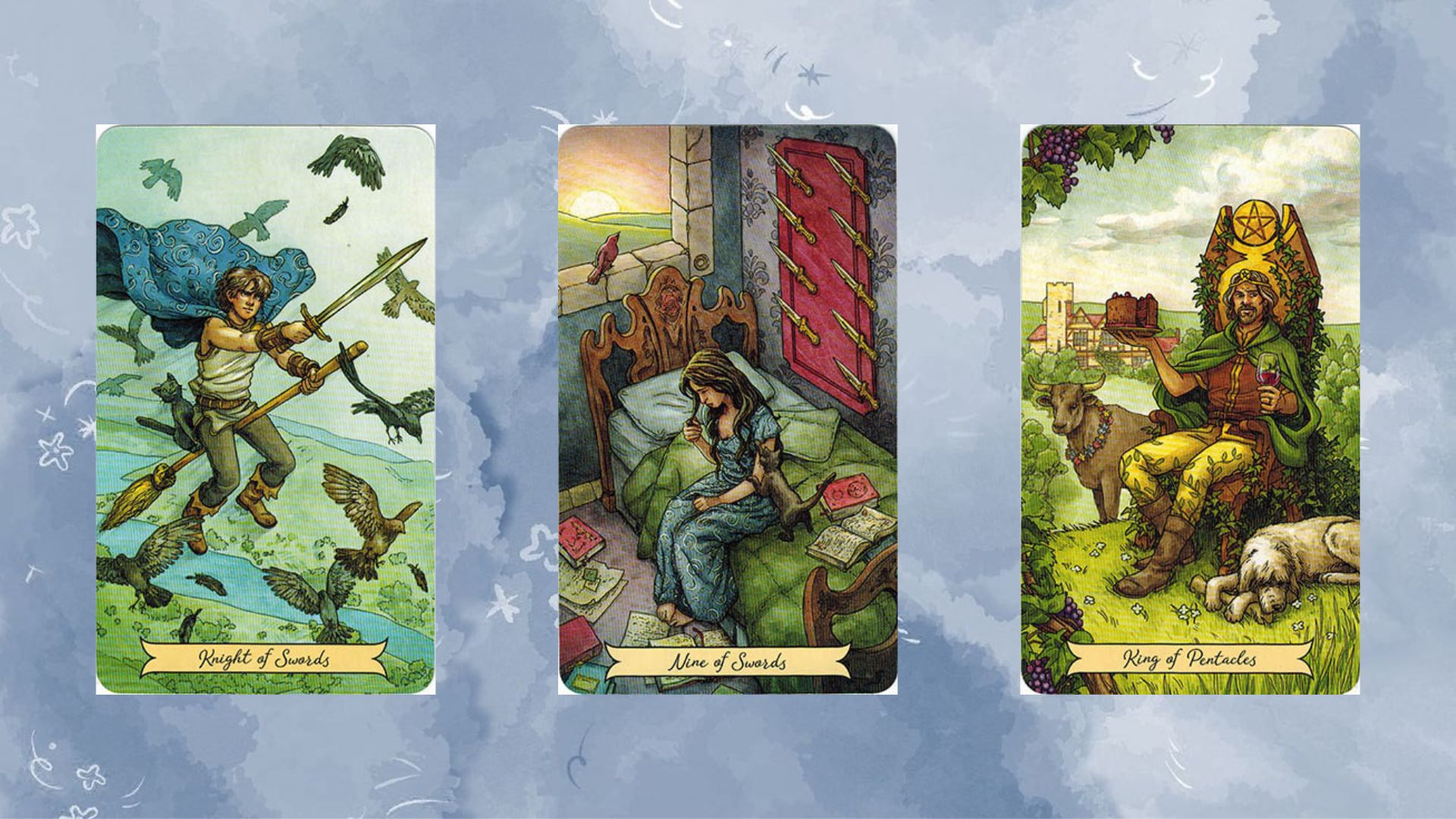 tụ bài 3 gồm Knight of Swords – Nine of Swords – King of Pentacles