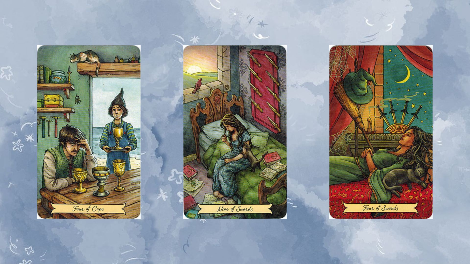 Trải bài tarot tuần mới tụ 2 gồm Four of Cups – Nine of Swords – Four of Swords