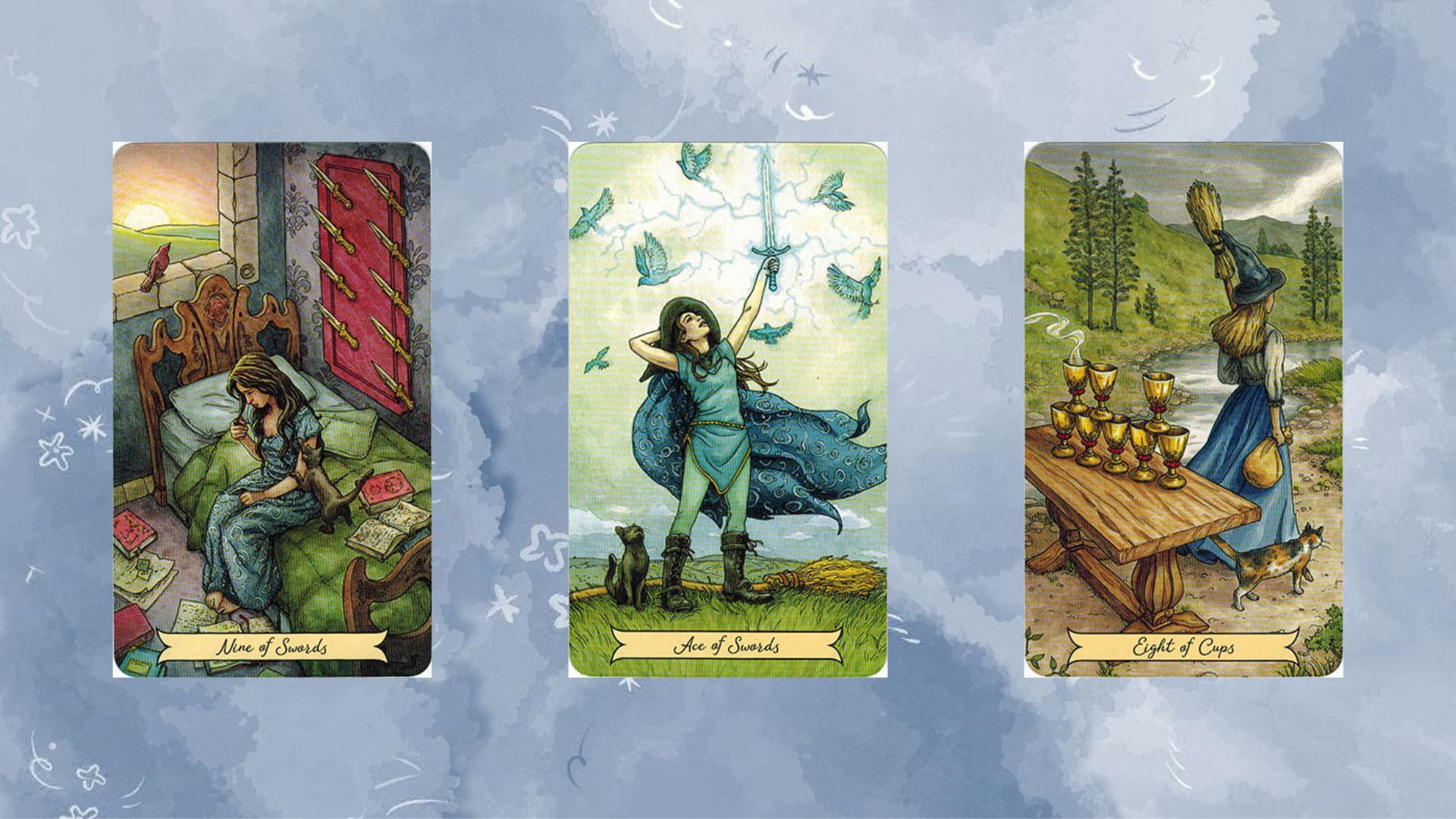 tụ bài tarot 1 gồm Nine of Swords – Ace of Swords – Eight of Cups