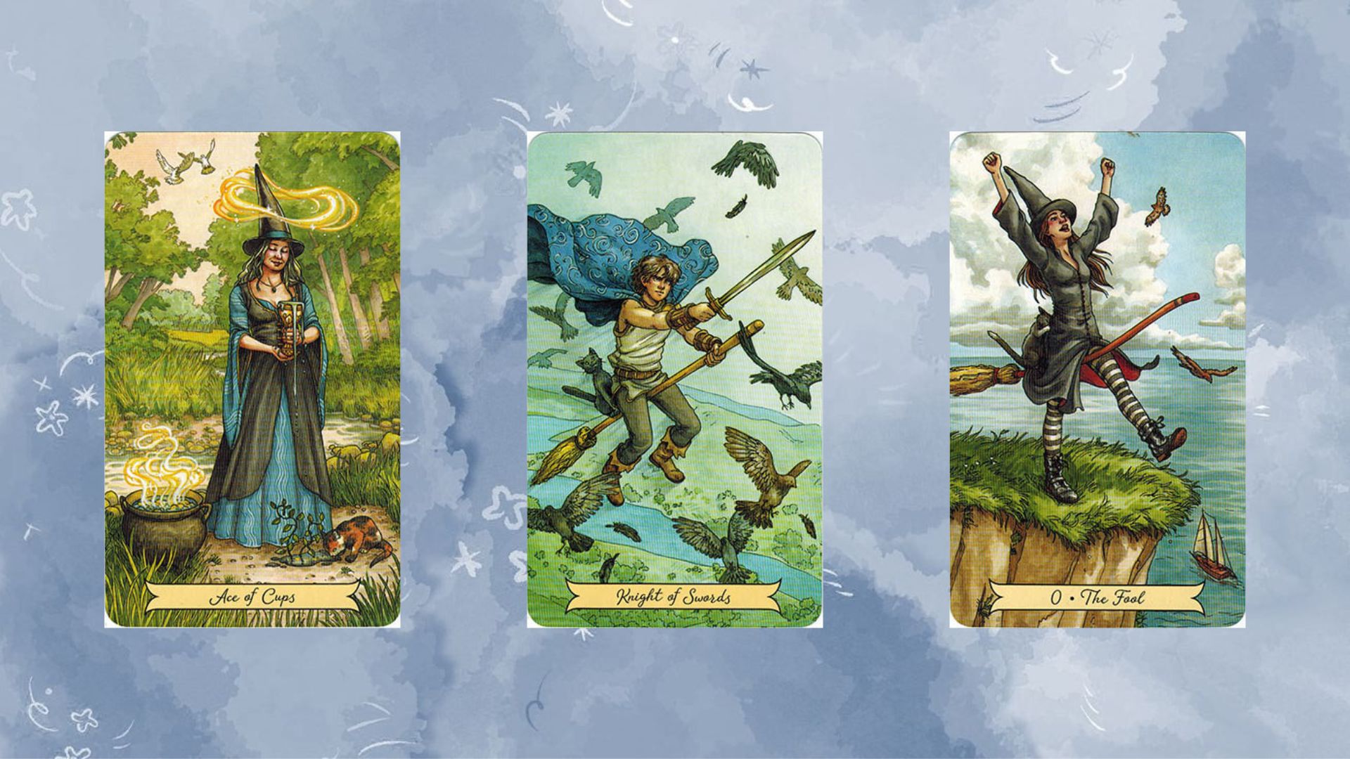 trải bài tarot tụ 2 gồm Ace of Cups – Knight of Swords – The Fool