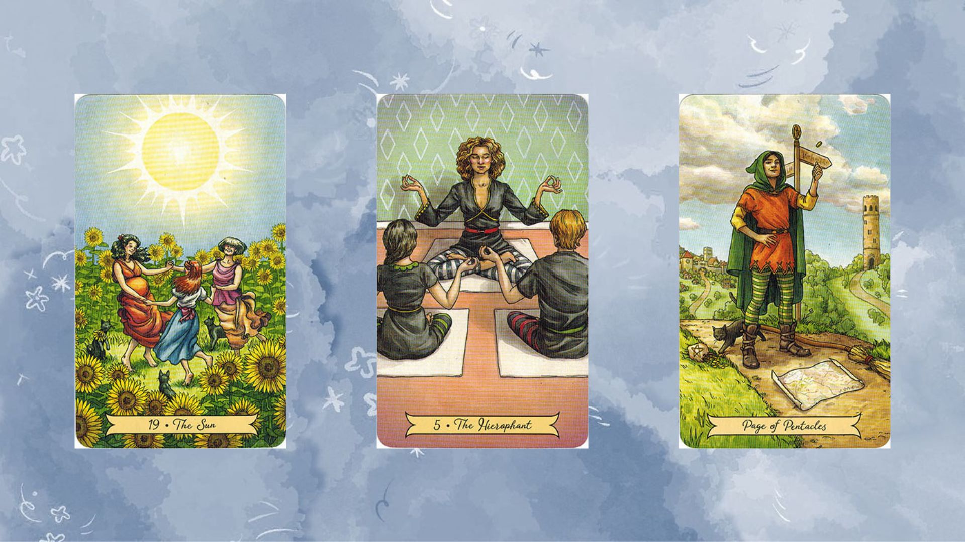 trải bài gồm The Sun – The Hierophant – Page of Pentacles