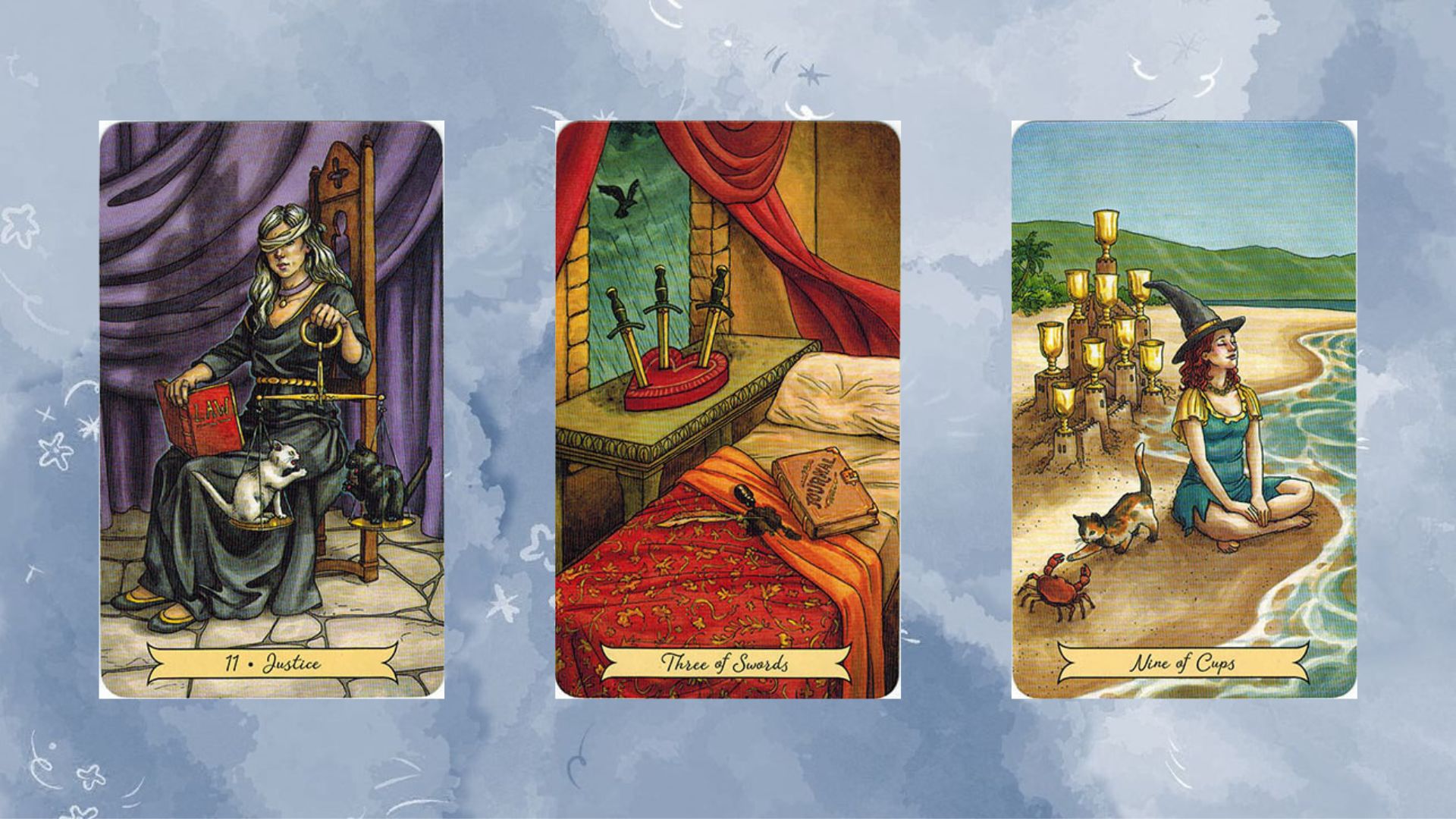 trải bài tarot tụ 1 gồm Justice – Three of Swords – Nine of Cups