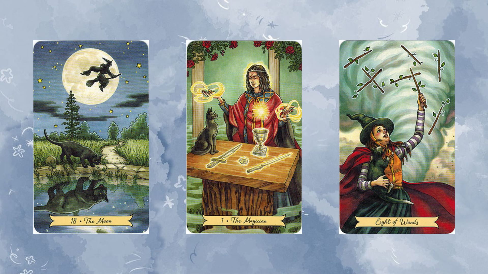 Trải bài tarot tụ 2 gồm The Moon – The Magician – Eight of Wands