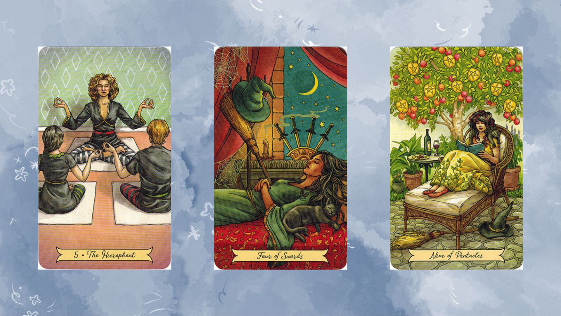 trải bài tụ 3 The Hierophant – Four of Swords – Nine of Pentacles