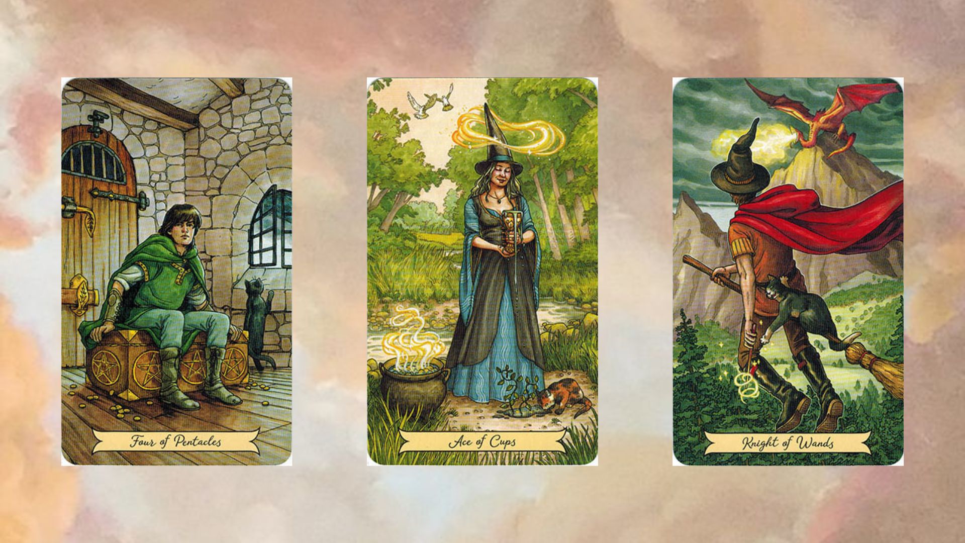 trải bài tarot tụ 1 Four of Pentacles – Ace of Cups – Knight of Wands