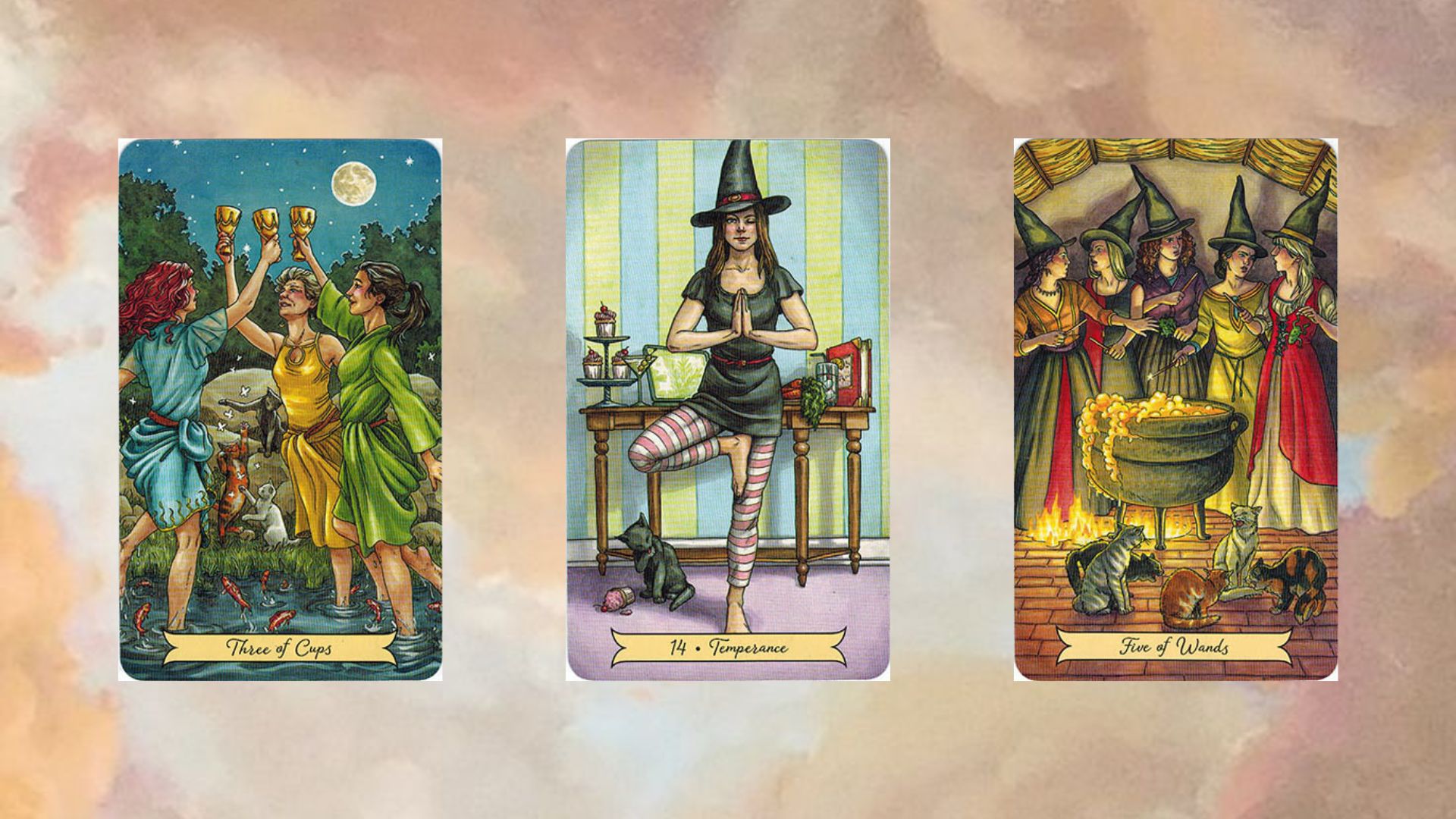 tụ bài tarot 1 gồm: Three of Cups - The Temperance - Five of Wands