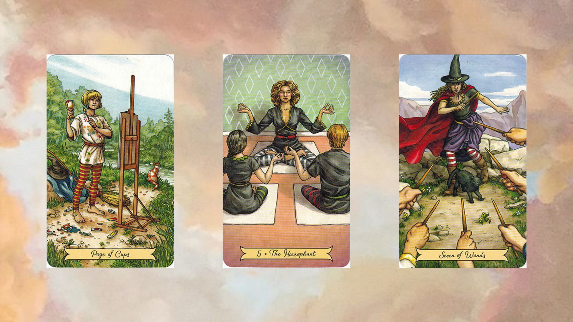 trải bài tarot tuần lễ mới gồm các lá bài Page of Cups – The Hierophant – Seven of Wands