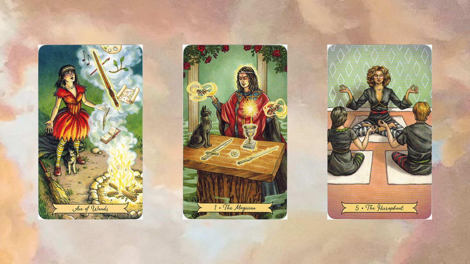 trải bài gồm Ace of Wands – The Magician – The Hierophant