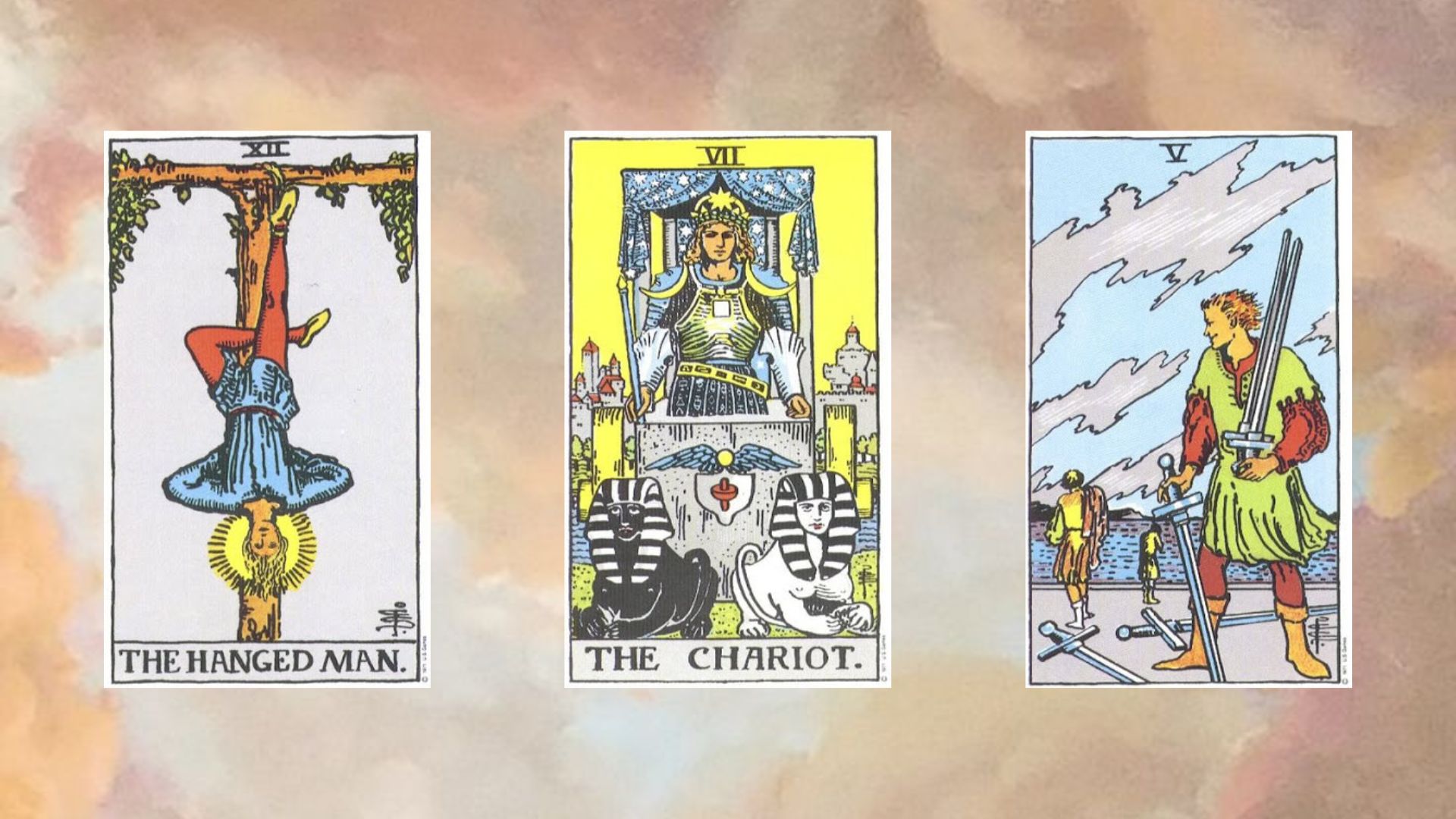 trải bài tarot tuần mới 24/2 The Hanged Man – The Chariot – Five of Swords