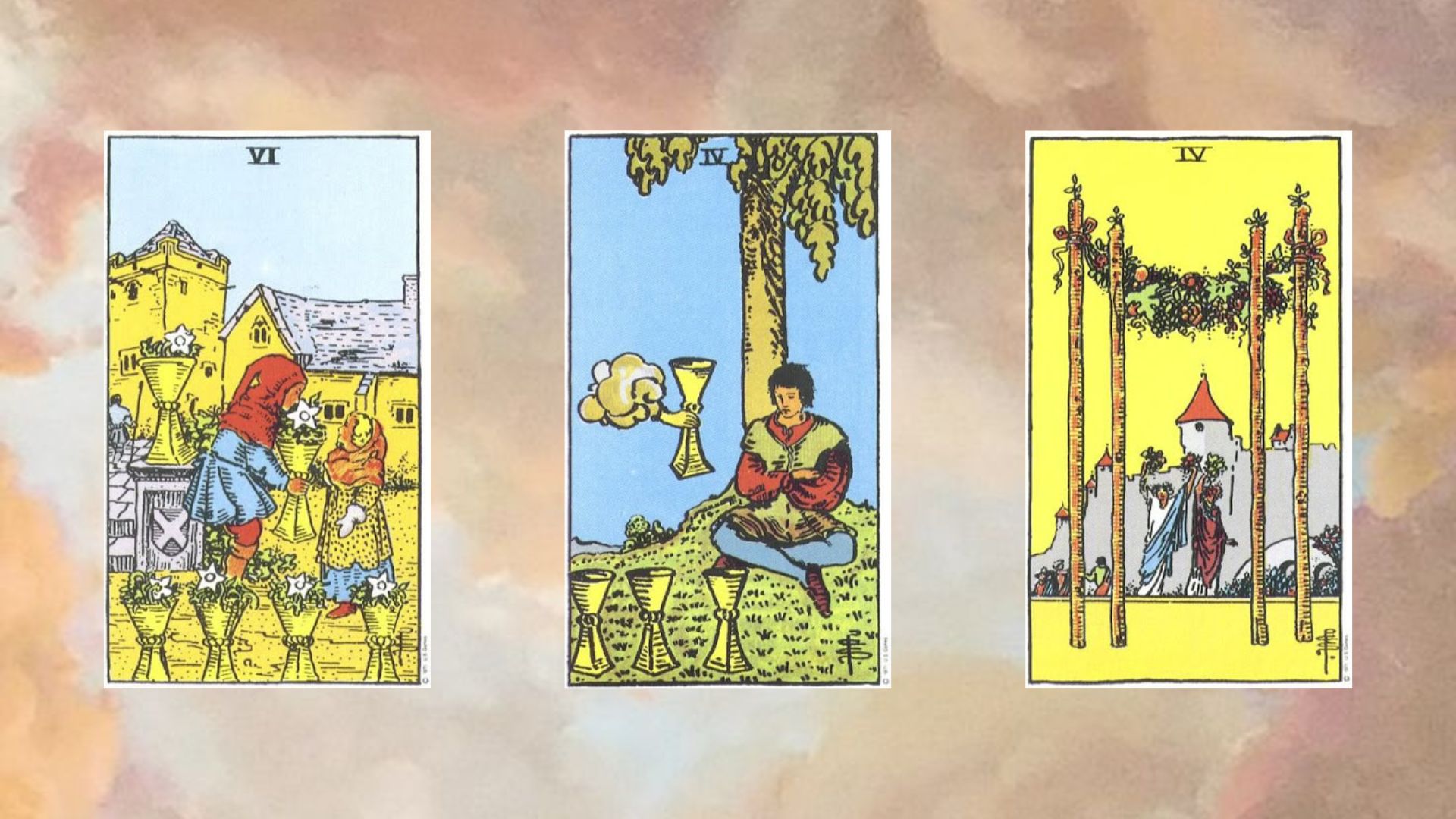 trải bài tuần gồm Six of Cups – Four of Cups – Four of Wands