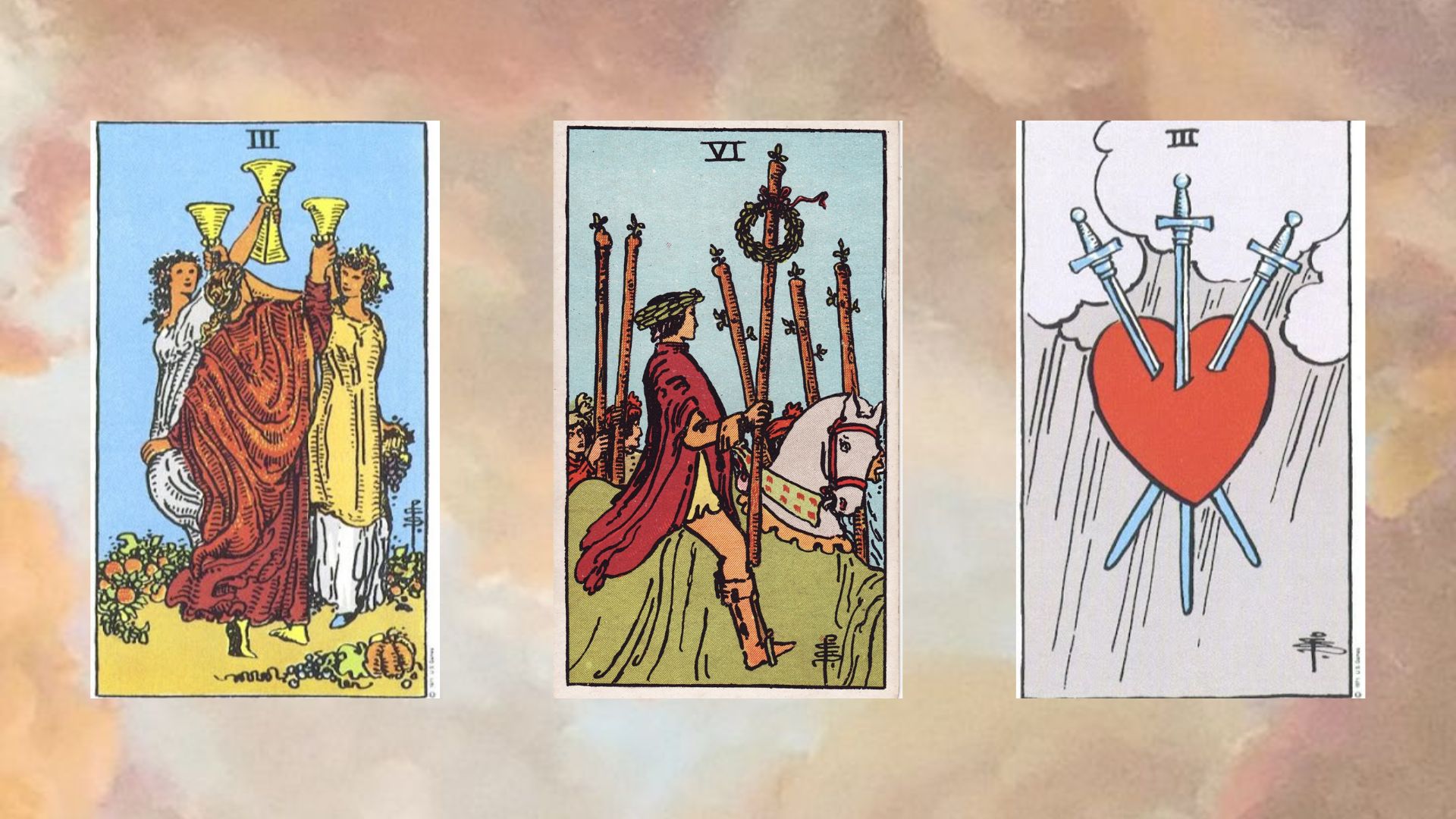 trải bài tarot gồm Three of Cups – Six of Wands – Three of Swords