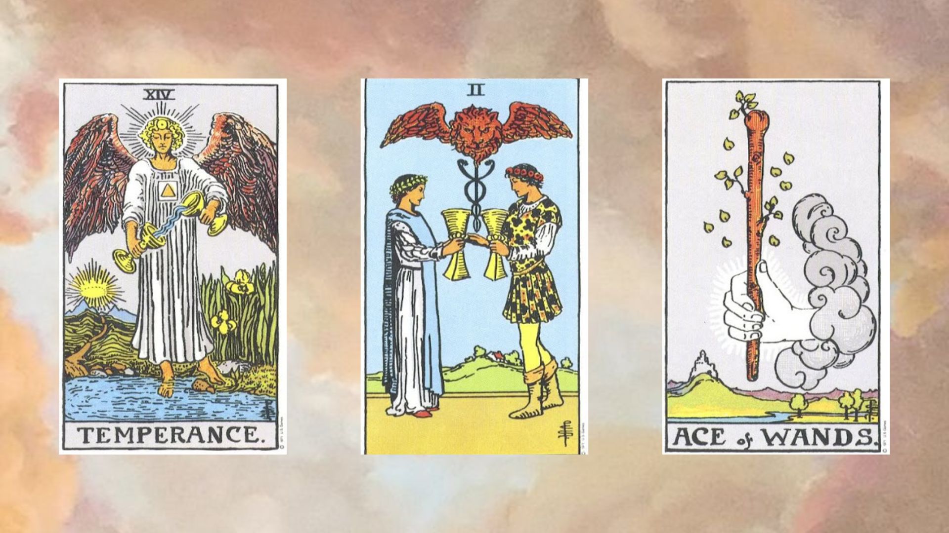 trải bài gồm The Temperance – Two of Cups – Ace of Wands