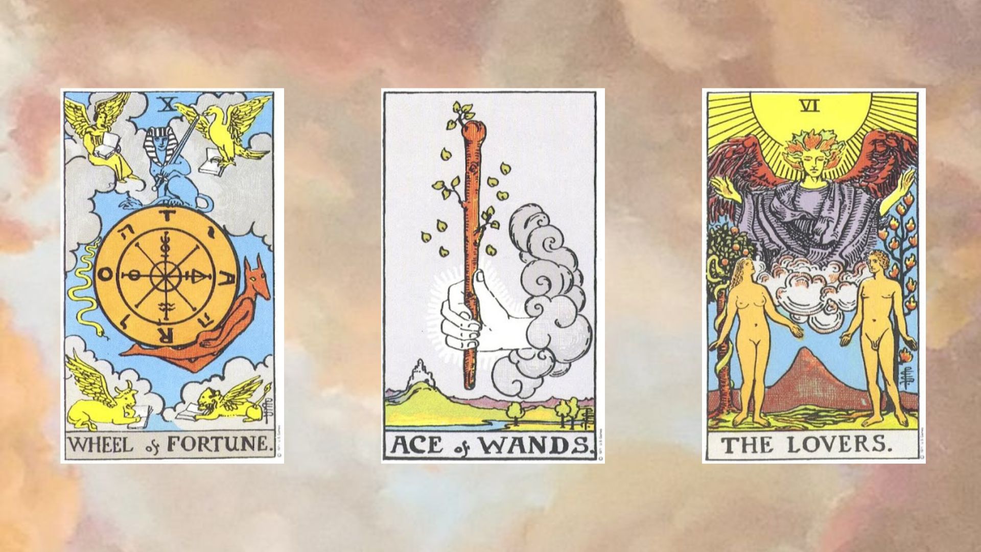 trải bài tarot tụ 1 Wheel of Fortune – Ace of Wands – The Lovers