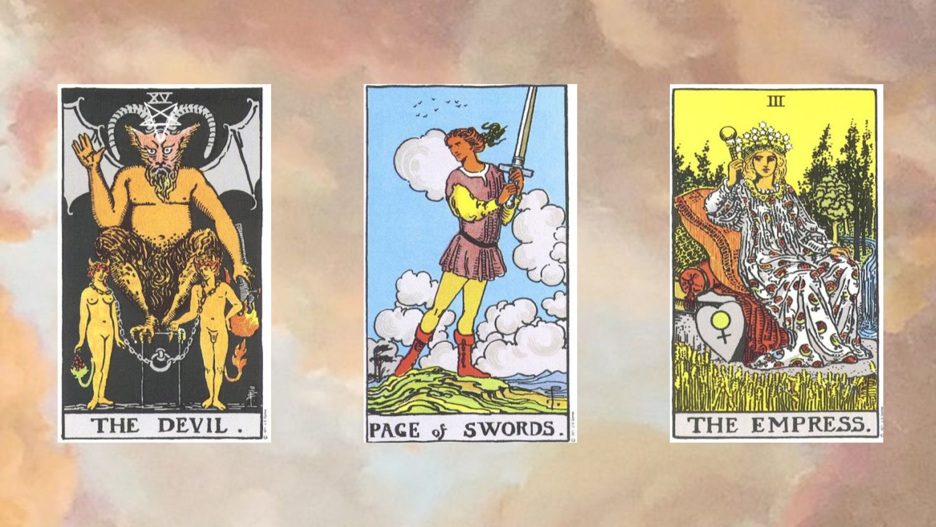 trải bài tarot tụ 2 gồm The Devil – Page of Swords – The Empress