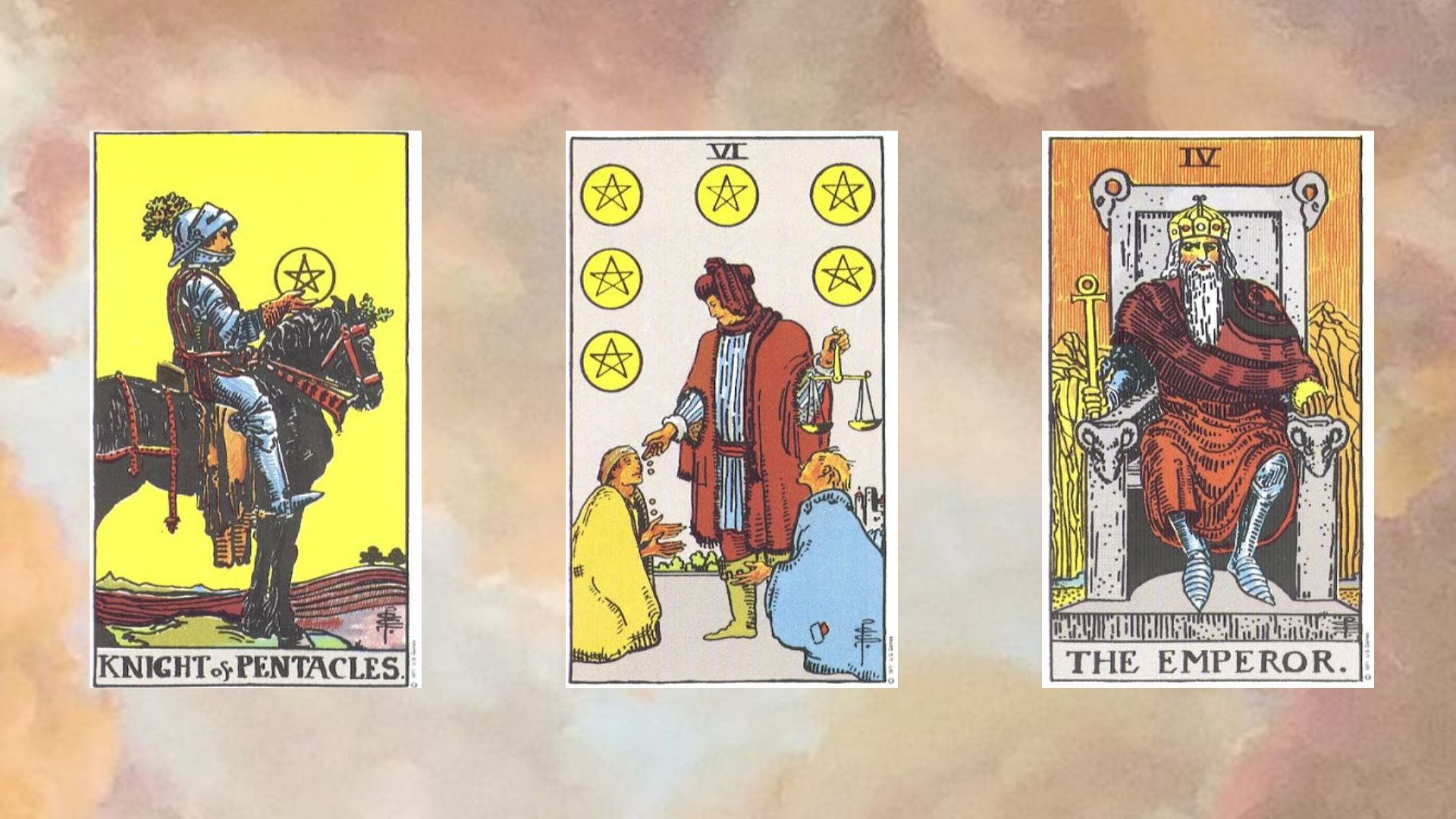 trải bài tarot tụ 3 gồm Knight of Pentacles – Six of Pentacles – The Emperor