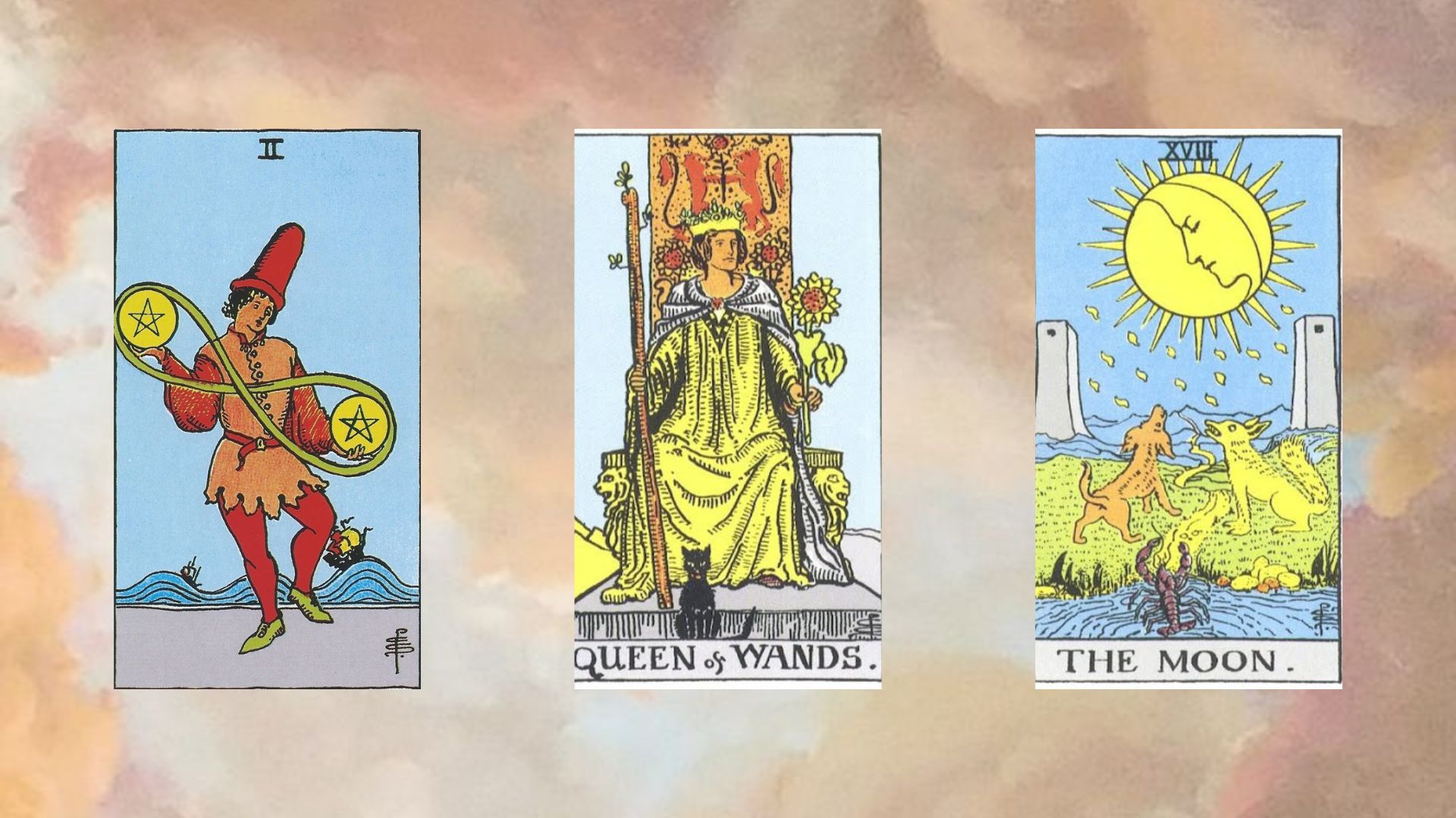 tarot tụ 1 Two of Pentacles – Queen of Wands – The Moon