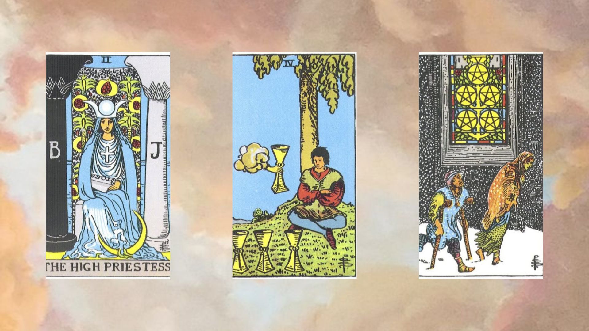 trải bài tarot tuần mới tụ 1 The High Priestess – Four of Cups – Five of Pentacles