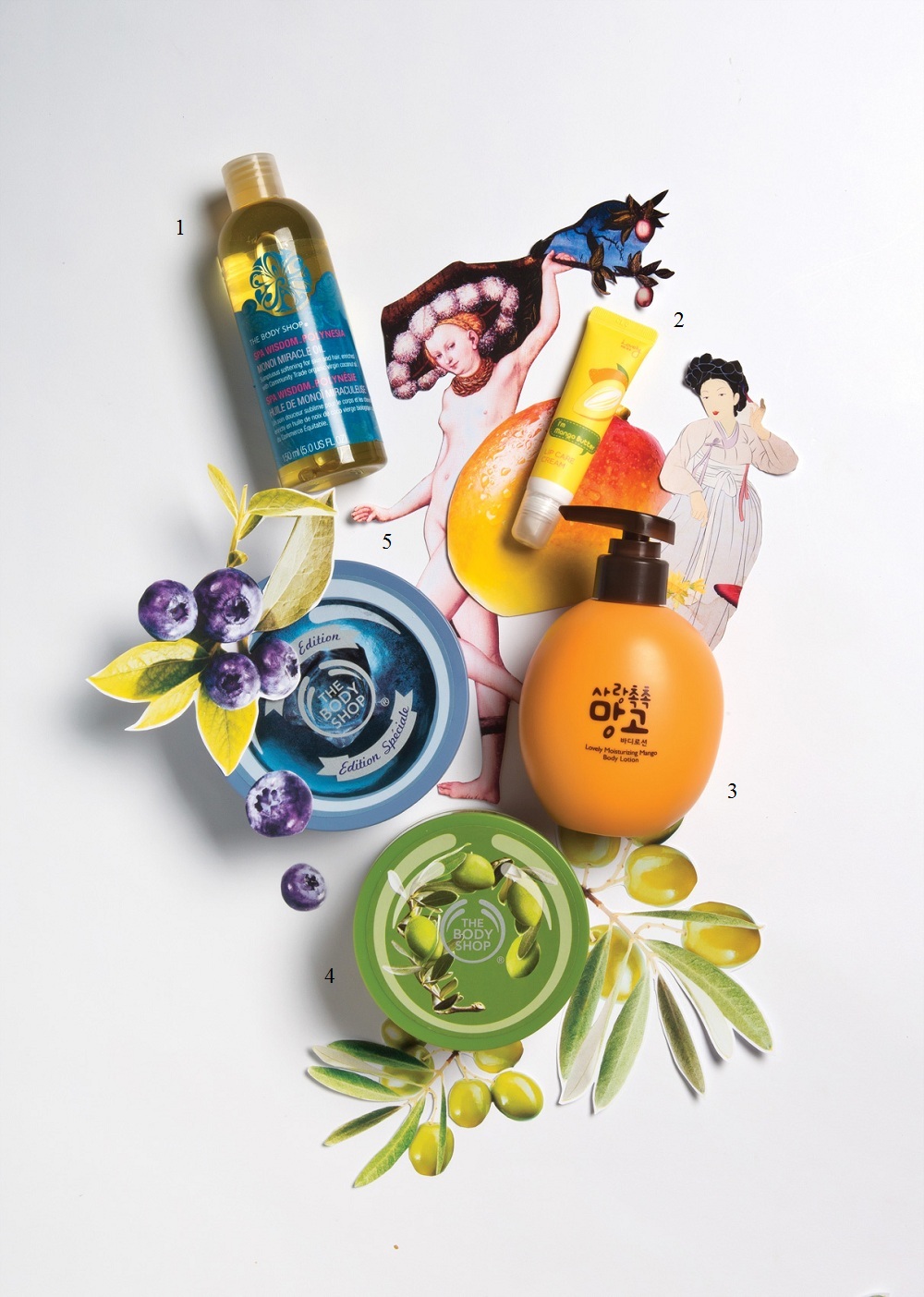 1.Dầu dưỡng thể & massage Spa Wisdom™ THE BODY SHOP 550.000 VNĐ 2. Dưỡng môi chiết xuất bơ hạt xoài THEFACESHOP 179.000 VNĐ 3. Sữa dưỡng thể hương xoài THEFACESHOP 429.000 VNĐ 4. Bơ dưỡng thể olive THE BODY SHOP 439.000 VNĐ 5. Bơ dưỡng thể việt quất THE BODY SHOP 449.000 VNĐ