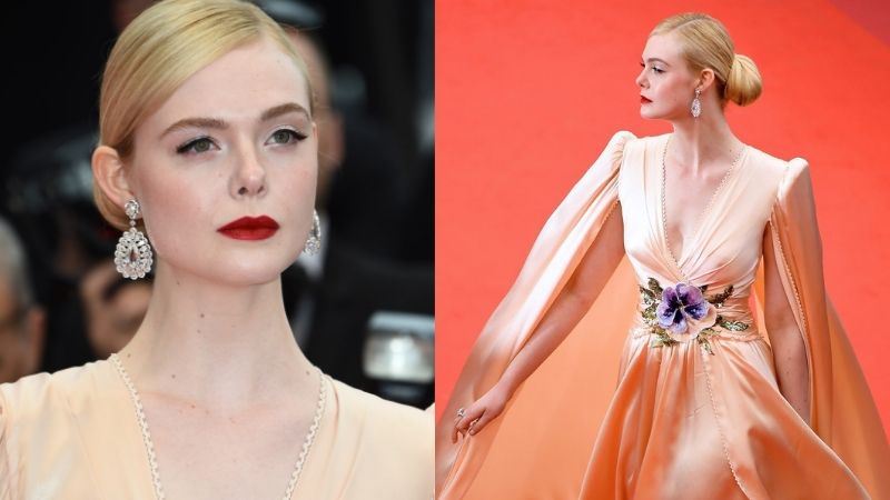 Elle Fanning diện đầm gucci màu vàng hoàng yến và trang sức chopard trên thảm đỏ cannes 2019