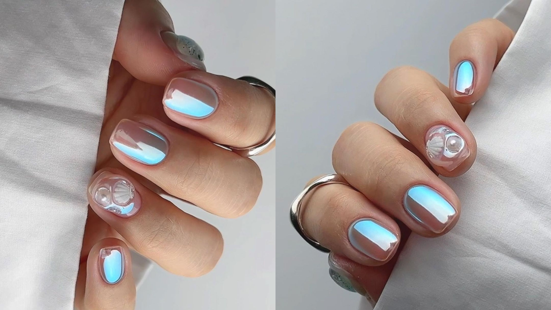 nail đẹp - bàn tay được sơn móng lấp lánh màu xanh-nude và đính charm vỏ sò