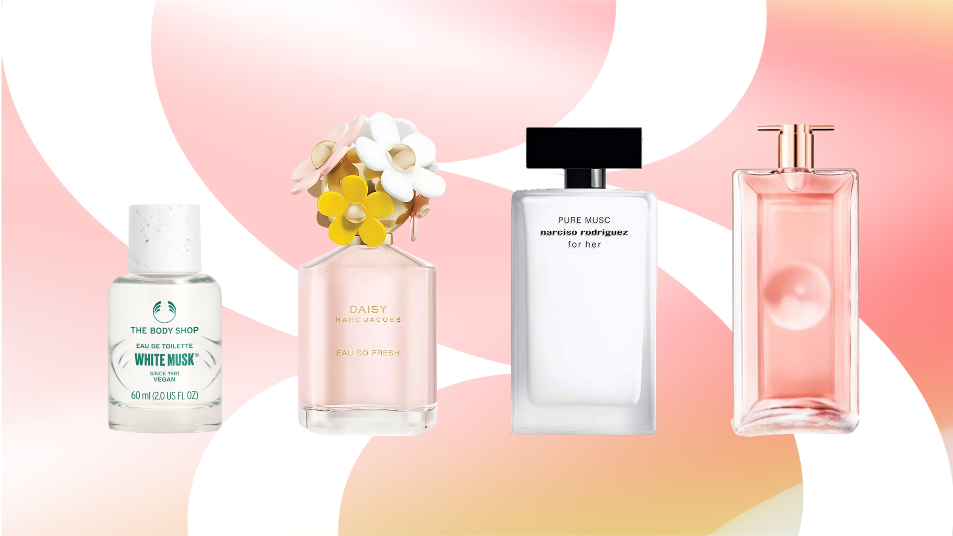 xạ hương - bốn chai nước hoa xạ hương của The Body Shop, Marc Jacobs, Narciso Rodriguez và Lancome