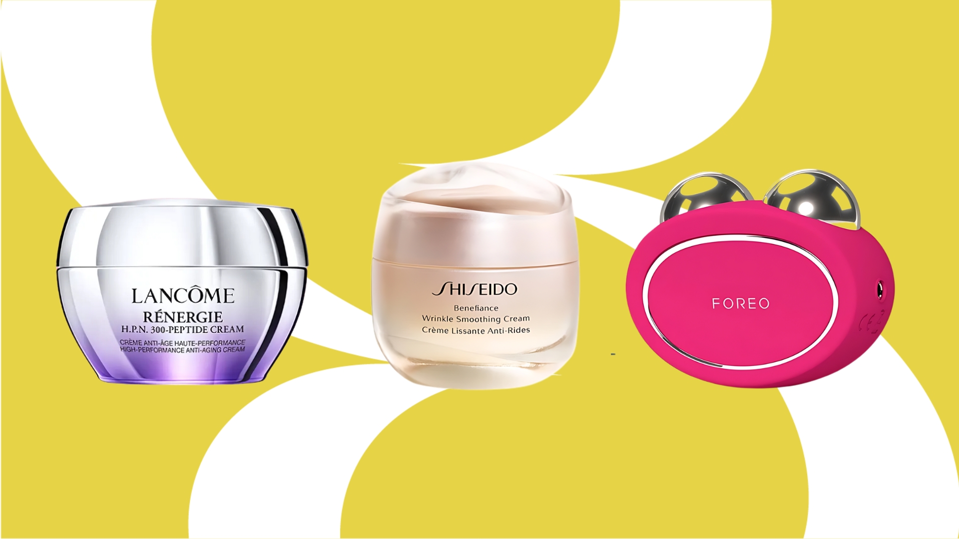 nâng cơ - hũ kem dưỡng của thương hiệu Lancome và Shiseido, máy nâng cơ mặt màu hồng của Foreo