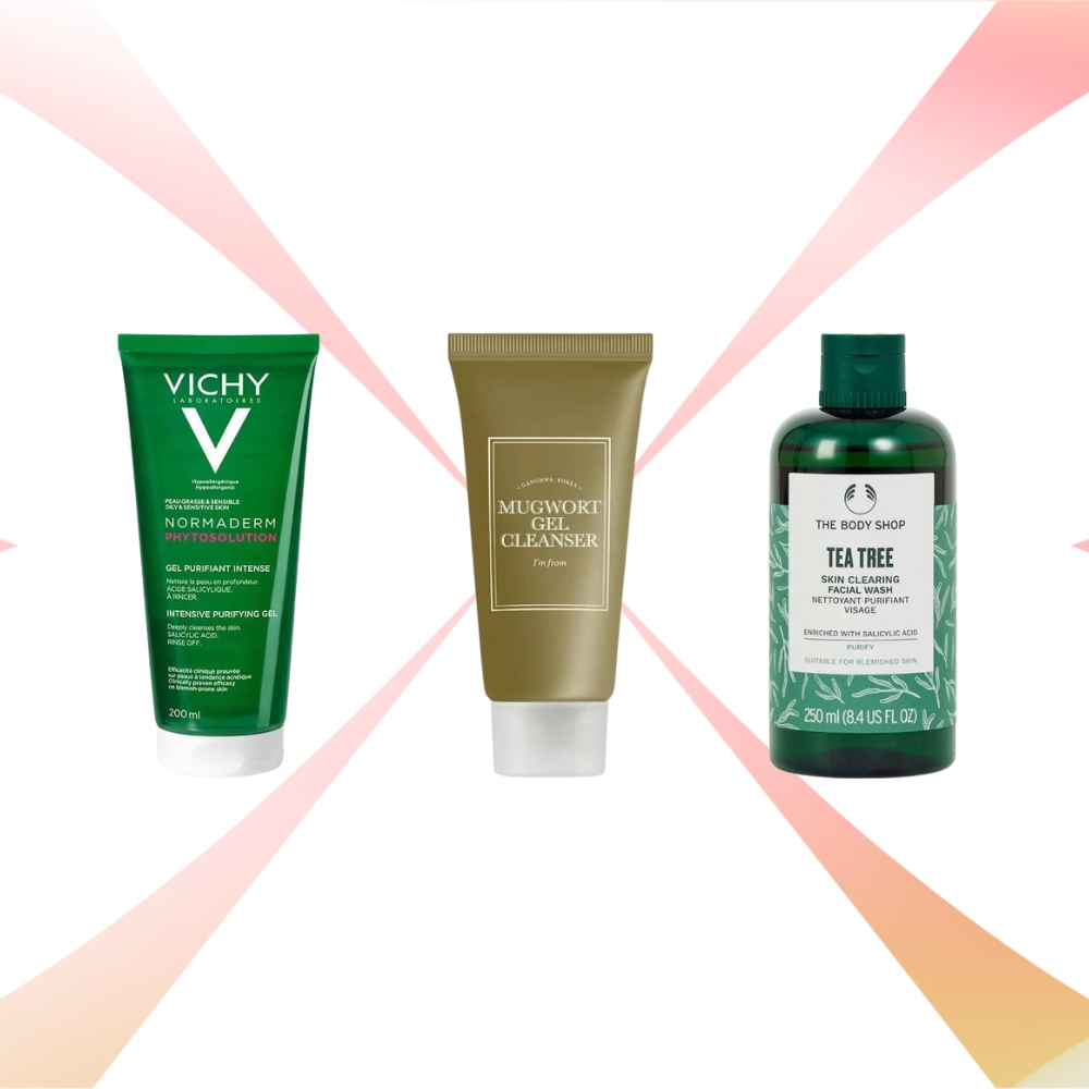 chai sữa rửa mặt cho da dầu mụn của Vichy, I'm From và The Body Shop