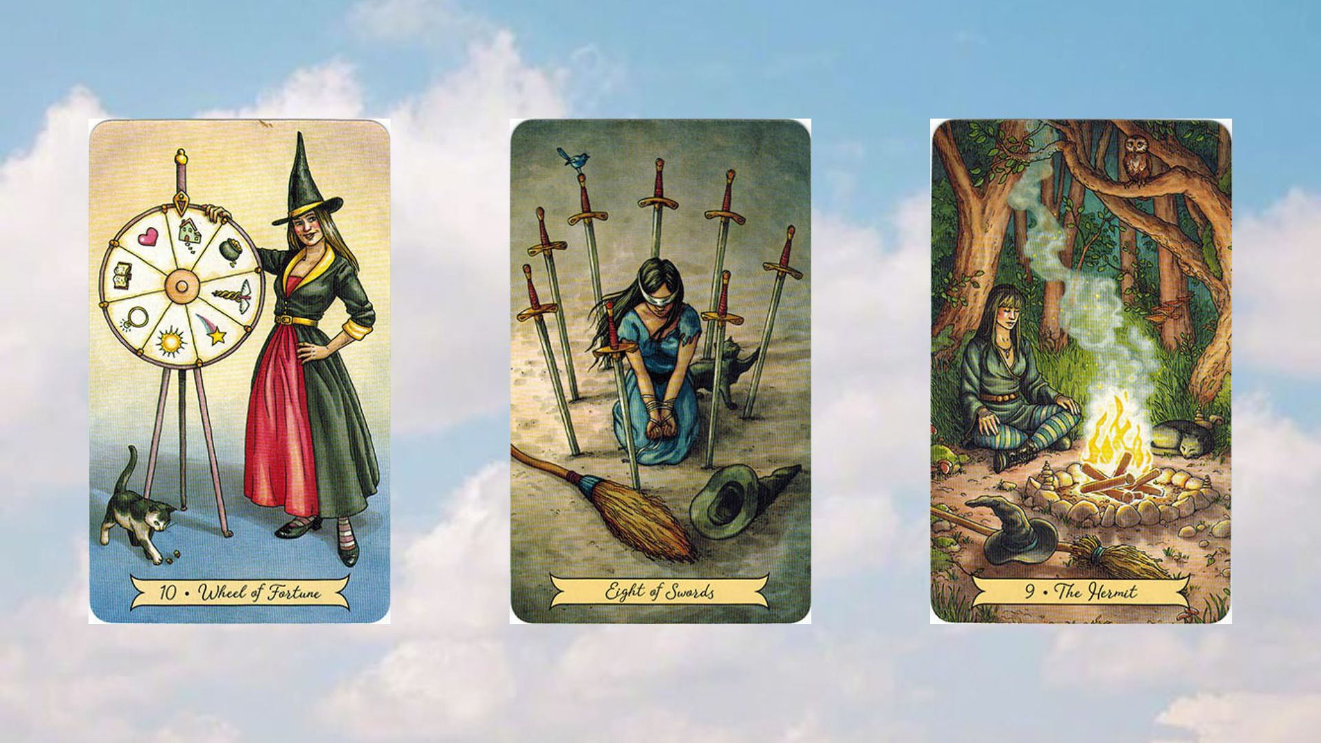 tụ bài tarot 2 gồm có wheel of fortune - eight of swords - the hermit