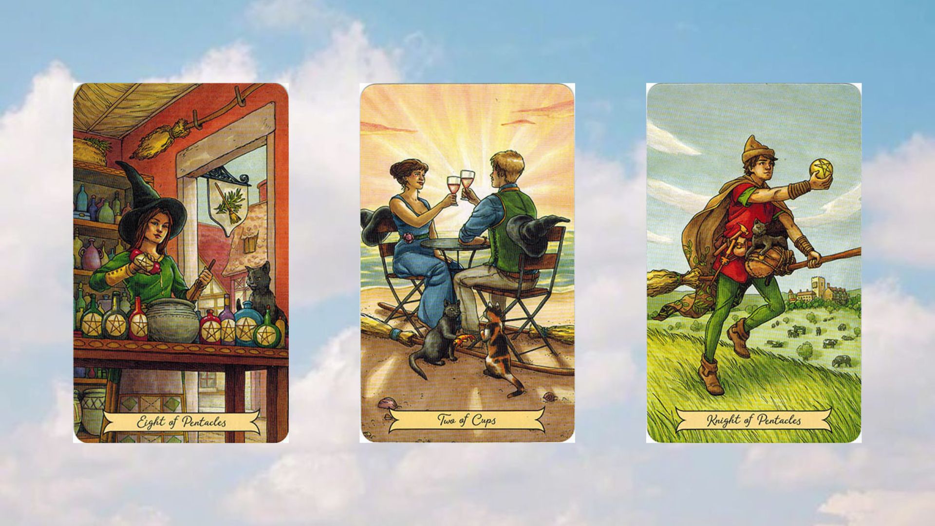 trải bài tuần gồm eight of pentacles - two of cups - knight of pentacles