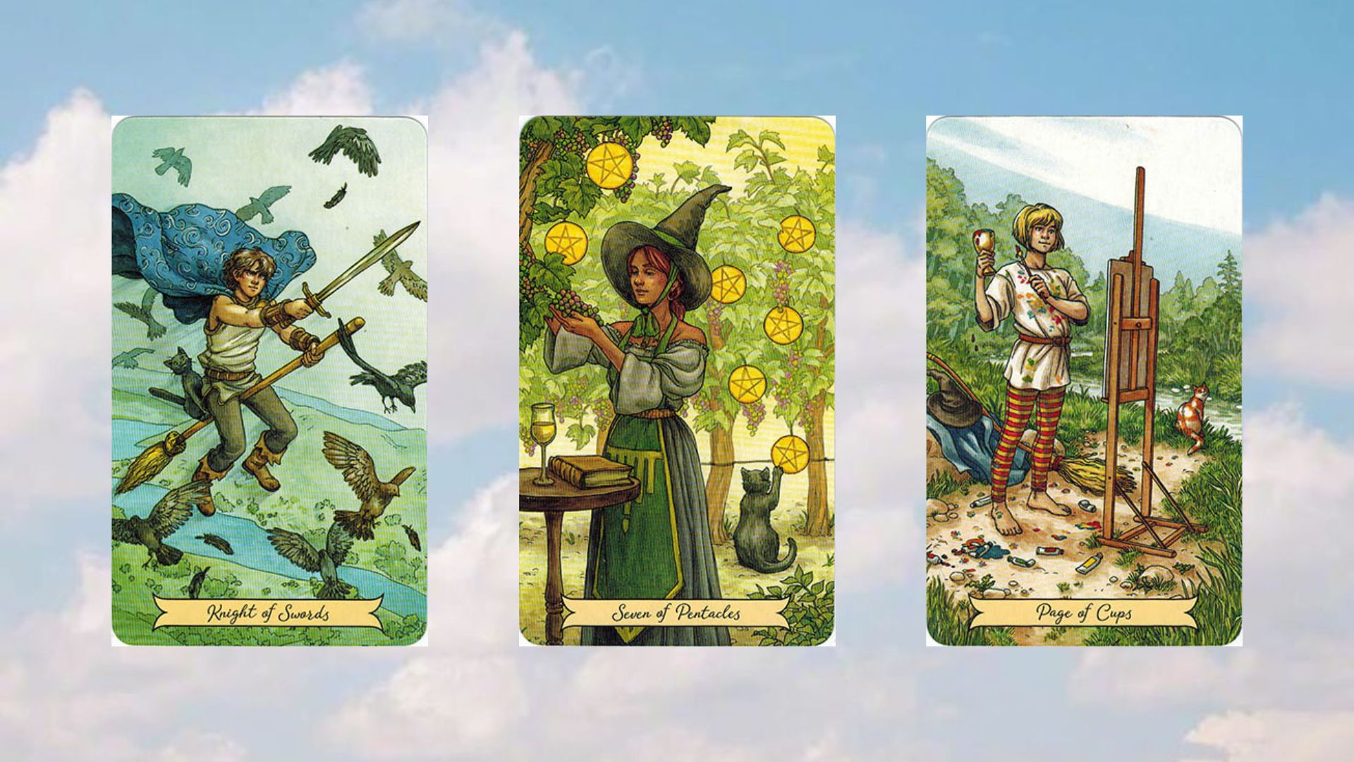 trải bài tarot tuần mới knight of swords - seven of pentacles - page of cups
