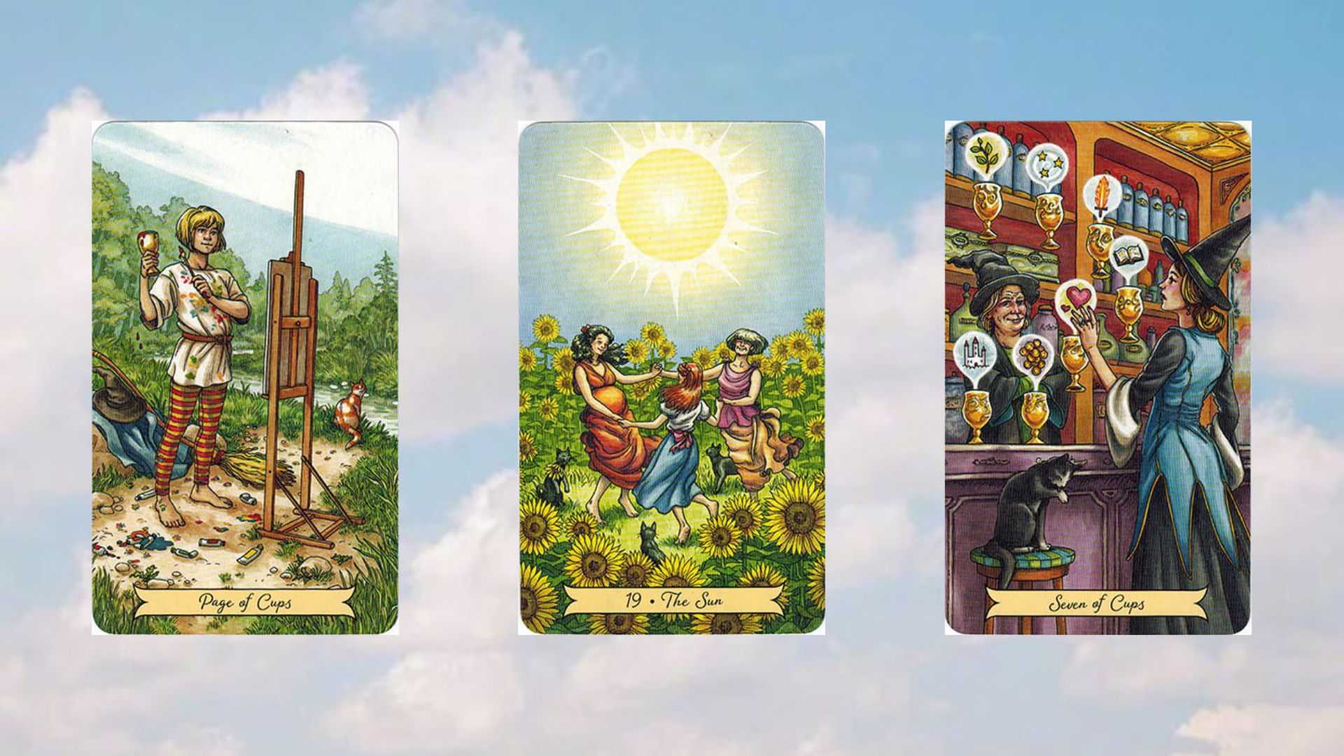 bài tarot tụ 1 page of cups - the sun - seven of cups