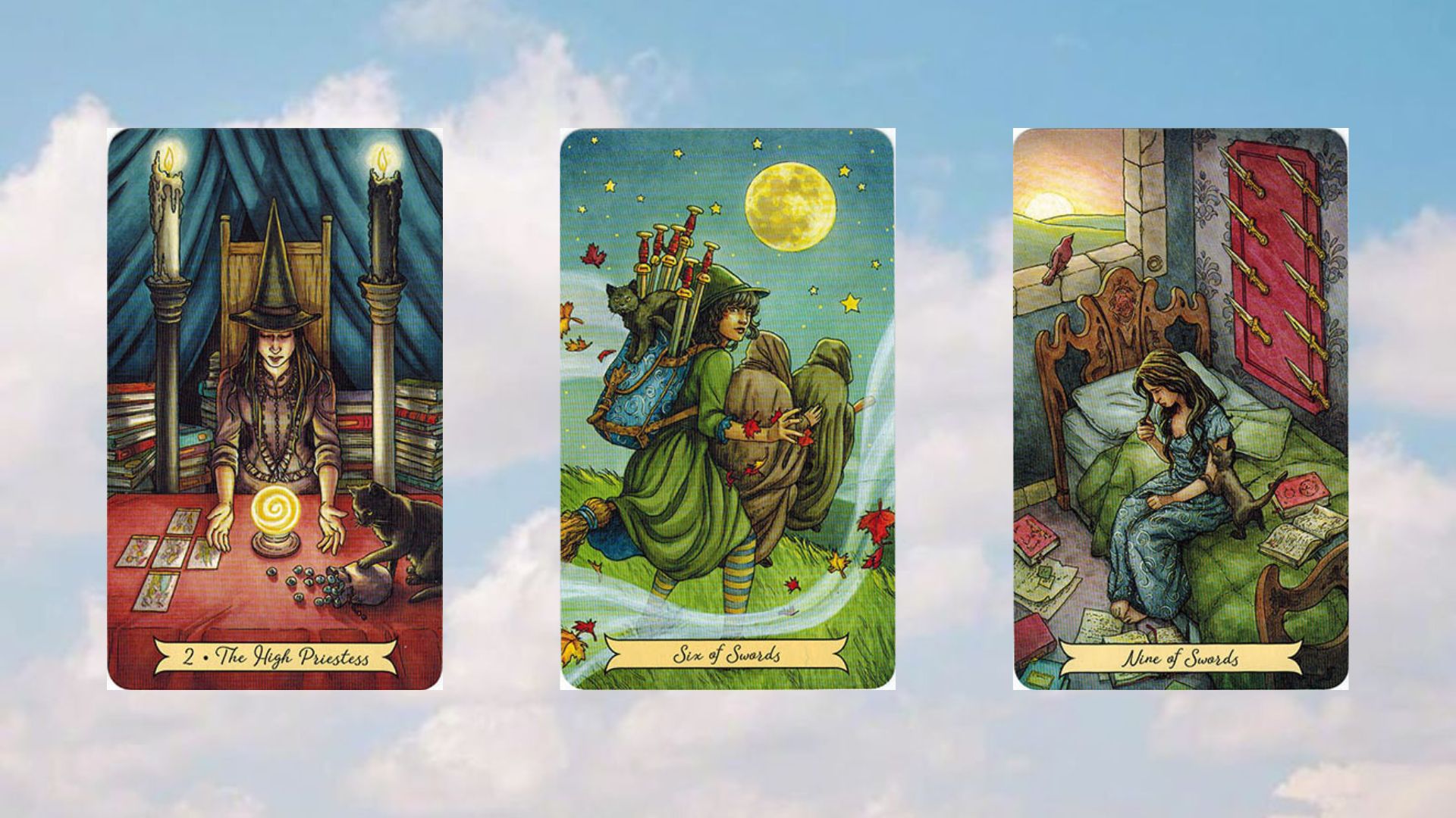 tụ bài tarot số 2 the high priestess - six of swords - nine of swords