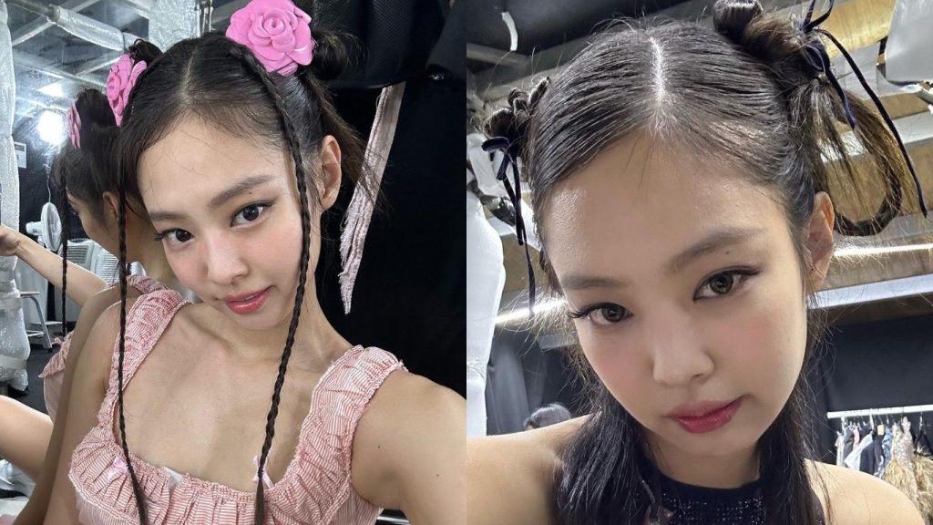 tóc dầu - Jennie (BLACKPINK) búi tóc hai chùm và đeo kẹp hình bông hoa để selfie