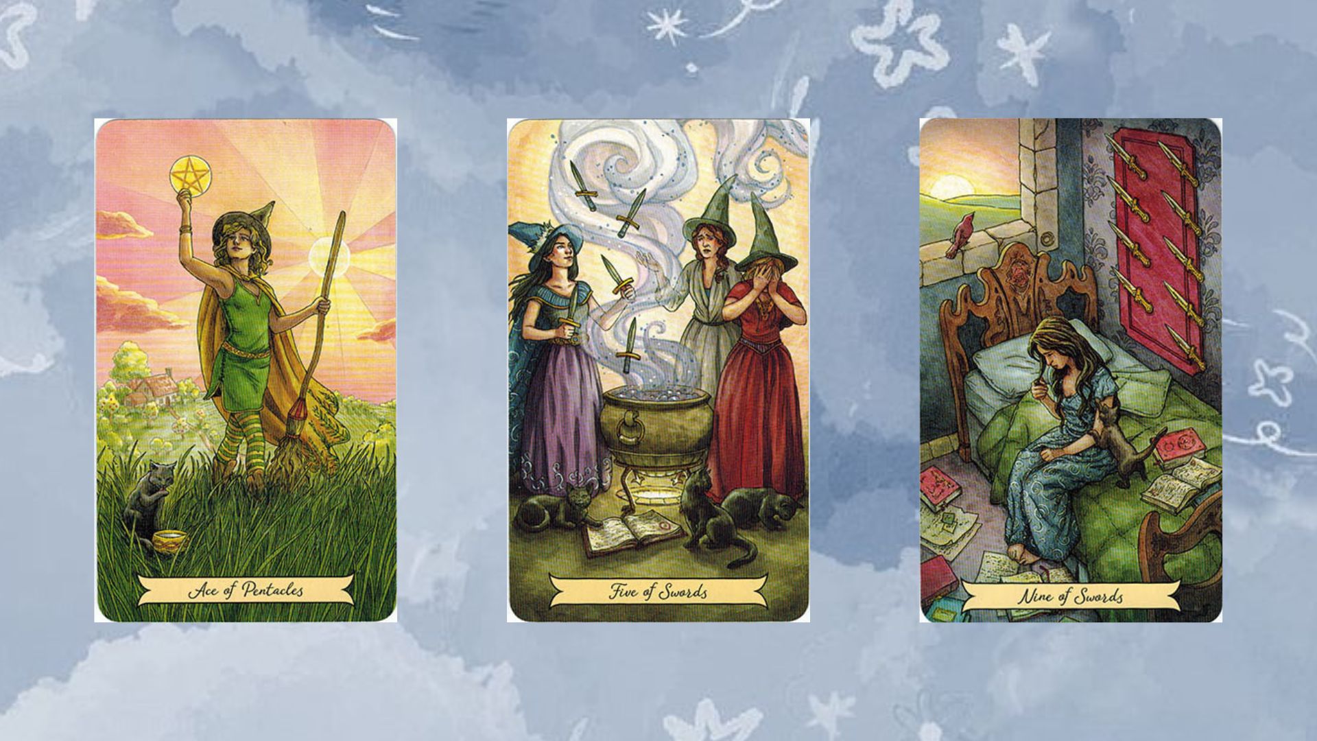 tụ bài tarot số 2 gồm ace of pentacles - five of swords - nine of swords