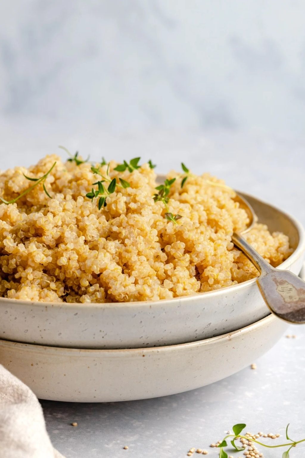 đạm - dĩa màu trắng đựng quinoa đã nấu chín