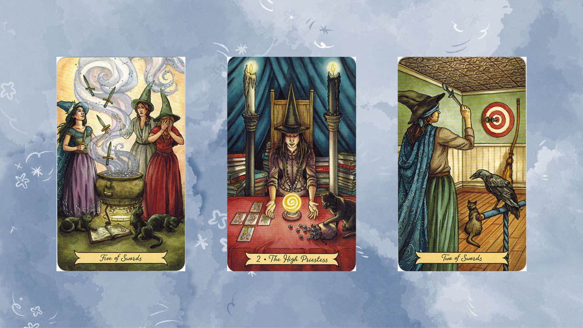 trải bài tarot tụ 1 gồm five of swords - the high priestess - two of swords