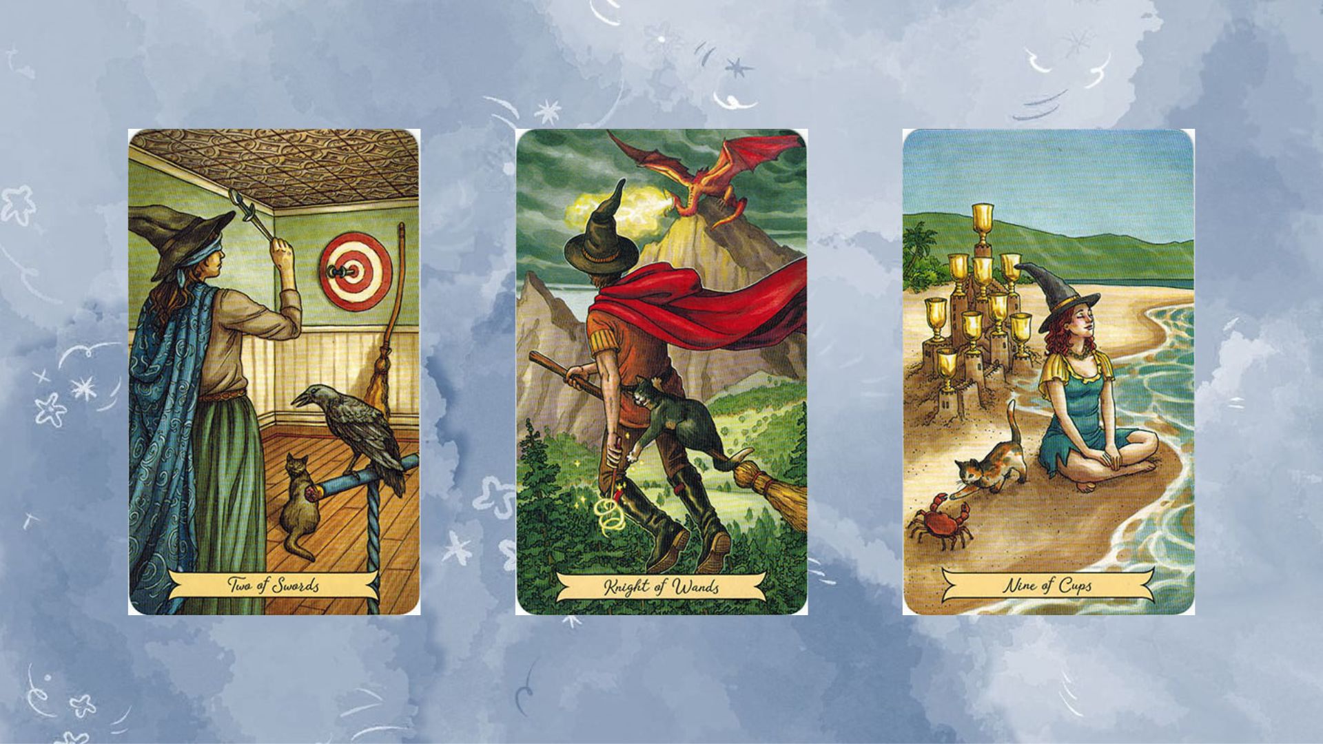 trải bài tarot tụ 2 gồm two of swords - knight of wands - nine of cups