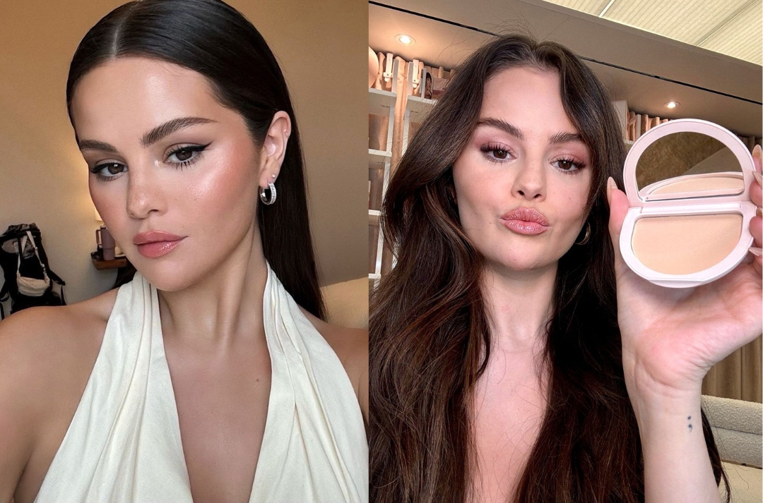 Selena Gomez với lớp makeup nhẹ nhàng và cầm trên tay hộp phấn nén