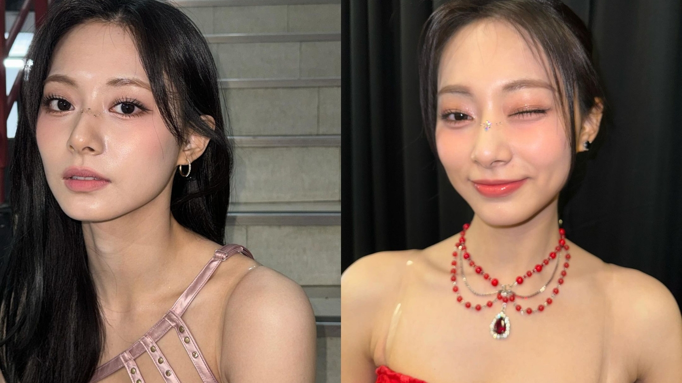 twice - Tzuyu makeup tone hồng và thoa má hồng đậm để selfie