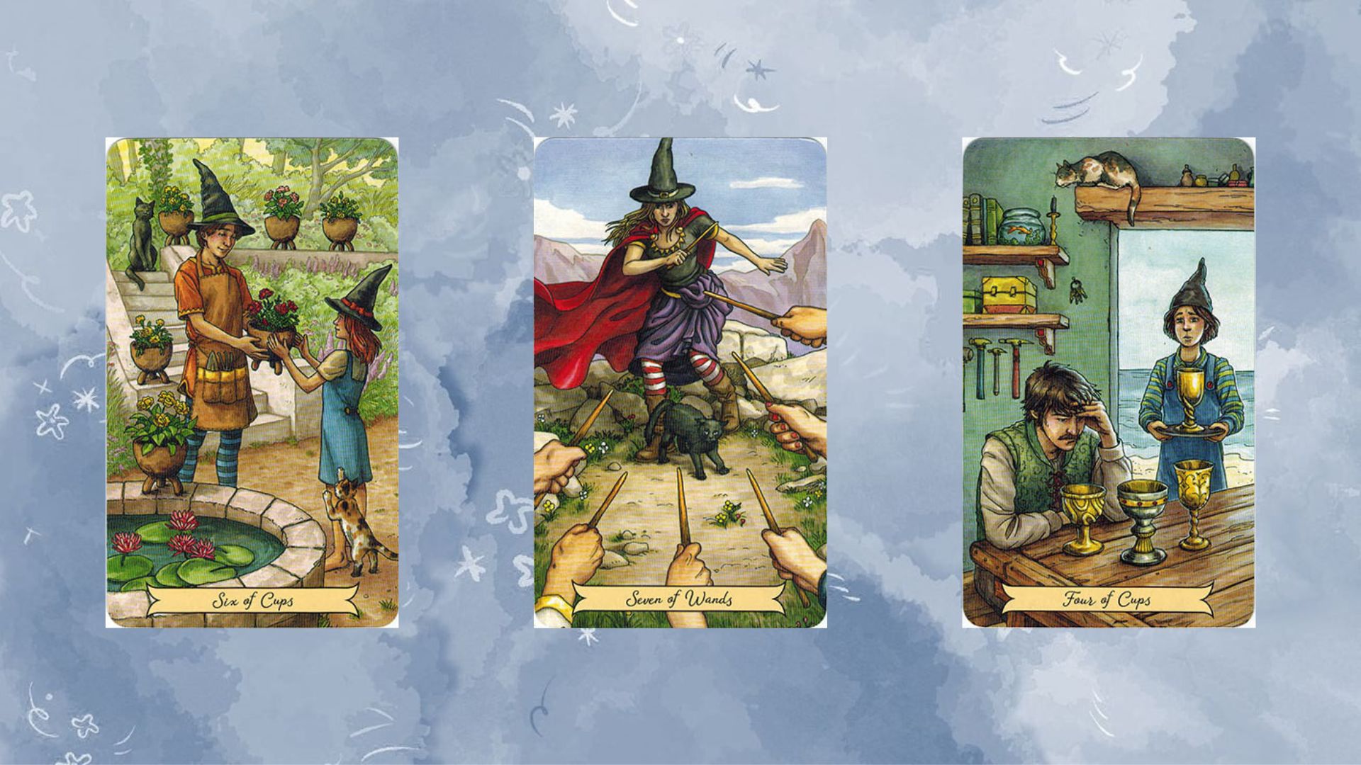 trải bài tarot tuần mới tụ 1 six of cups - seven of wands - four of cups