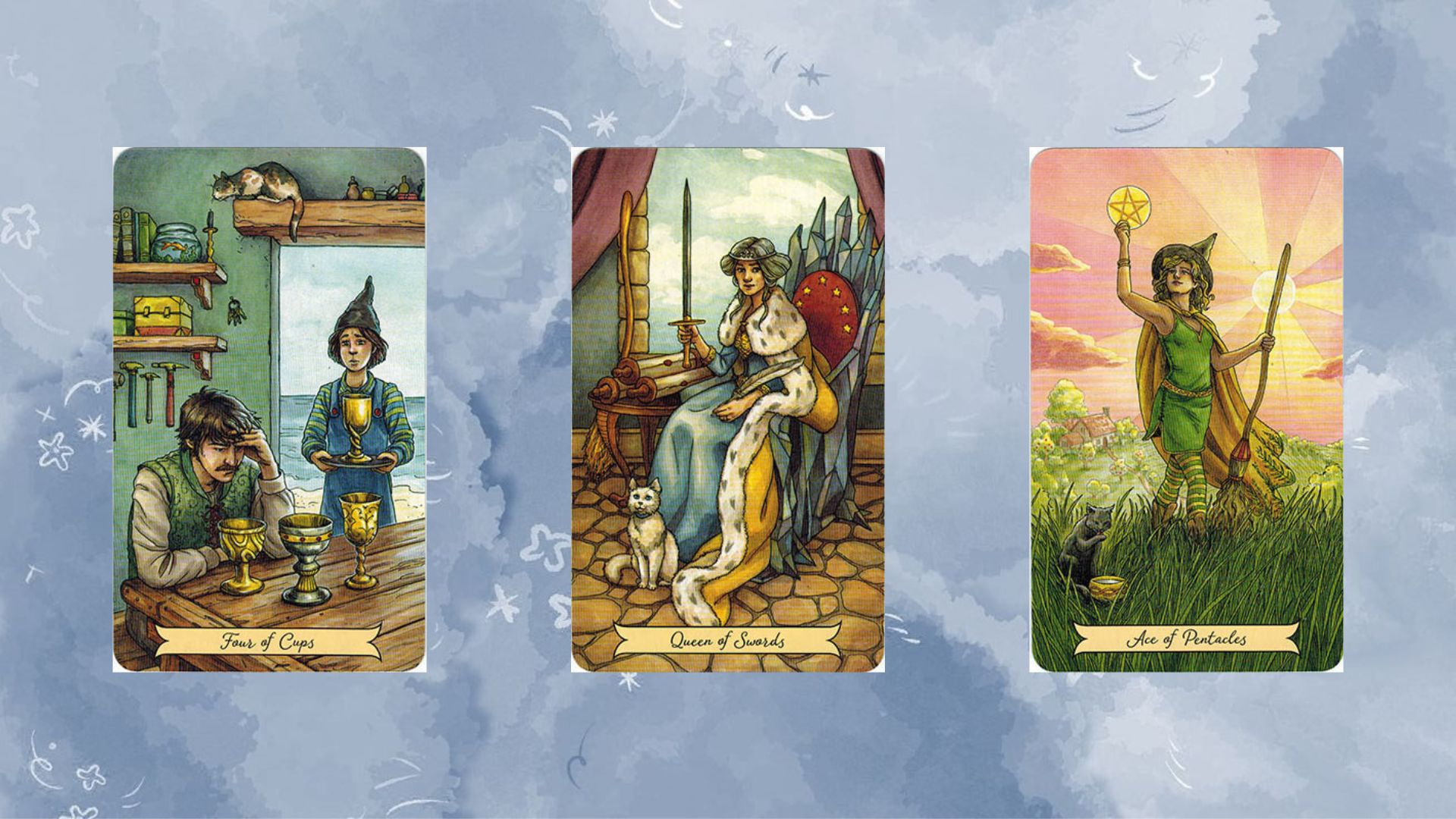 tarot tụ 2 four of cups - queen of swords - ace of pentacles